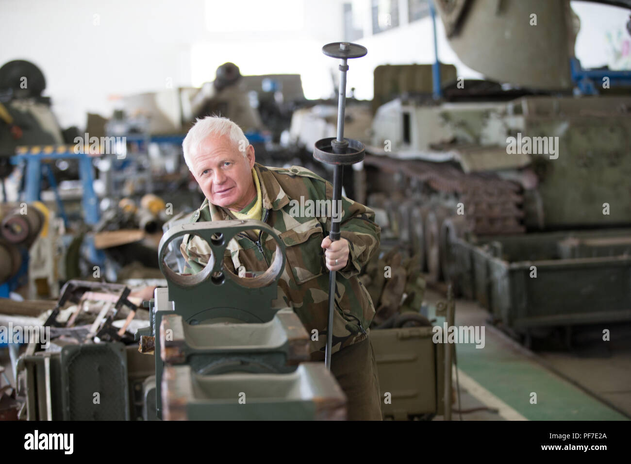 Russia, Bryansk, April 27, 2018. Military factory.Adjustment and maintenance of military tanks and equipment Stock Photo