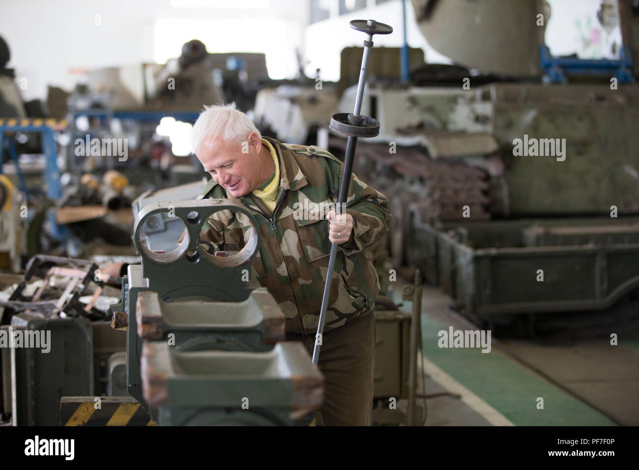Belarus, Gomil, April 27, 2018. Military factory.Repair of tanks.Maintenance of military equipment. Production of weapons.Warehouse of military equipm Stock Photo