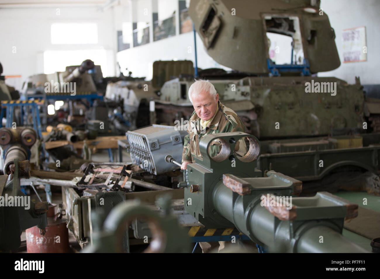 Belarus, Gomil, April 27, 2018. Military factory.. Military factory.Manufacturing and maintenance of military equipment and tanks Stock Photo