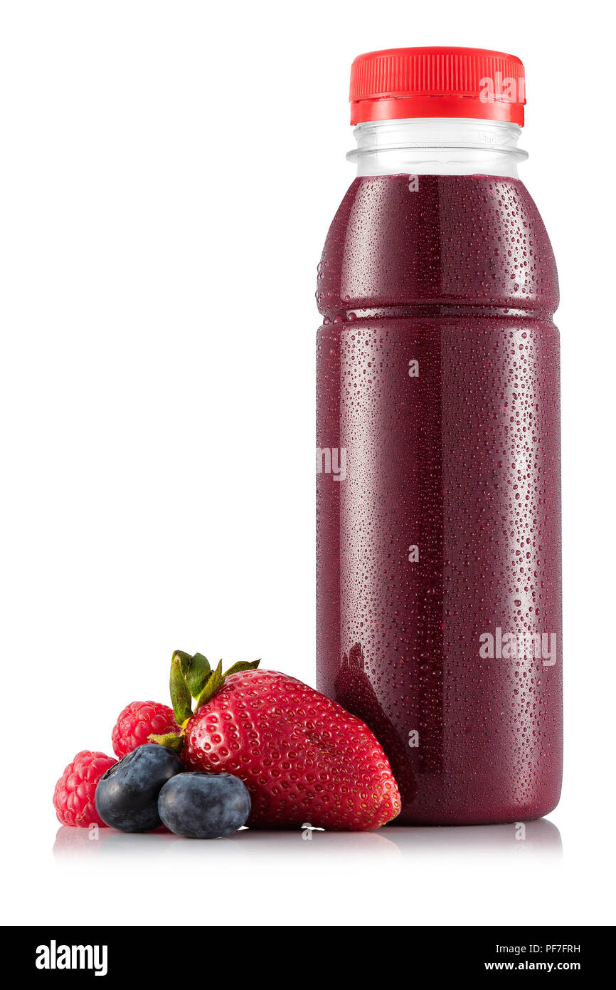 juicy blackberry smoothies in glass bottles Stock Photo by nblxer