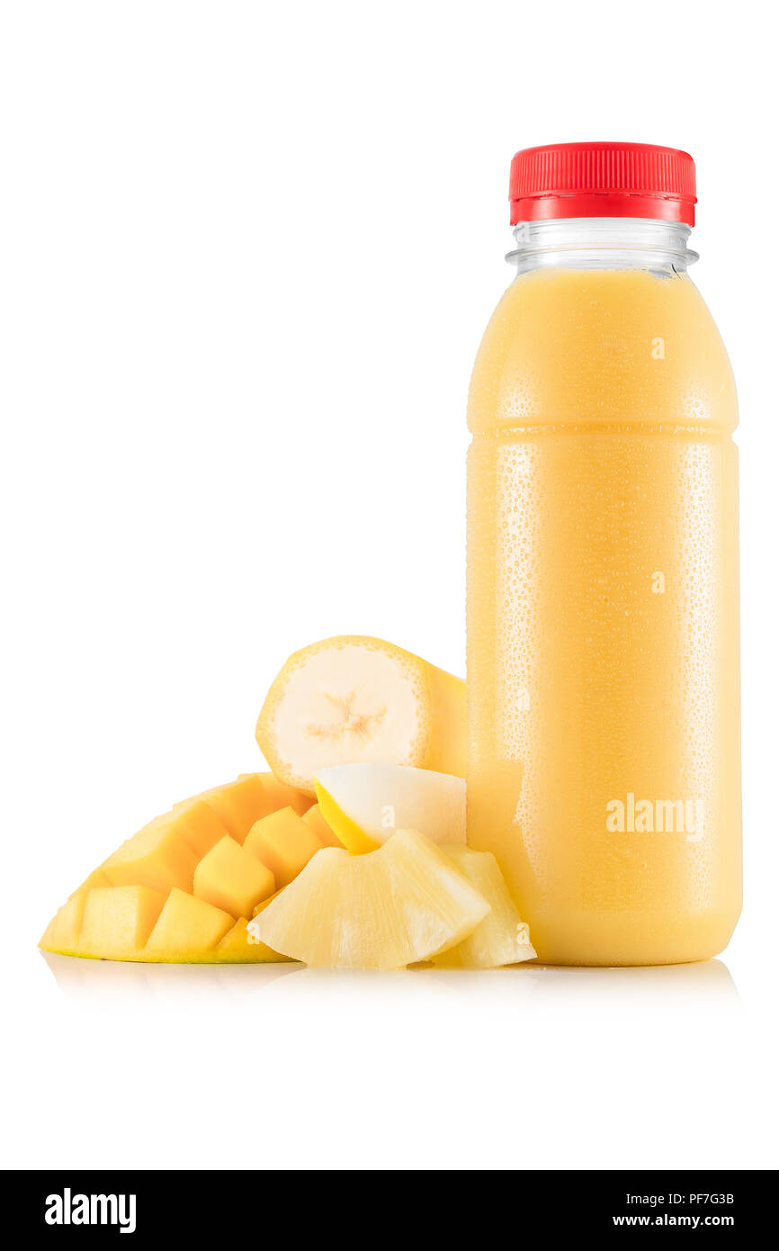 Download Many Yellow Fruit Smoothie In Plastic Bottle With Fruit Isolated On White Background Stock Photo Alamy PSD Mockup Templates