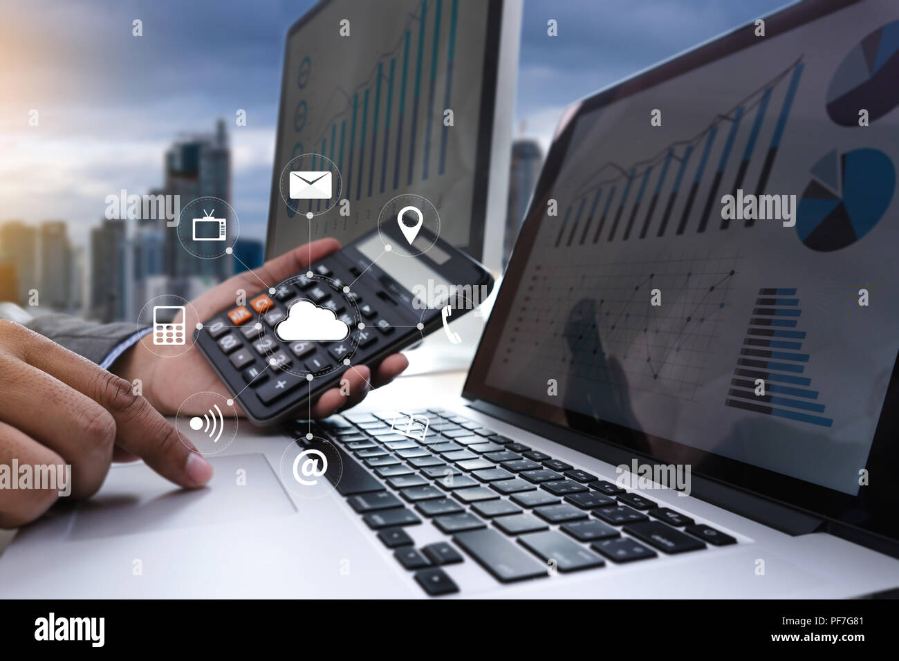 Cloud Service (Cloud Computing diagram on the new computer interface) Stock Photo