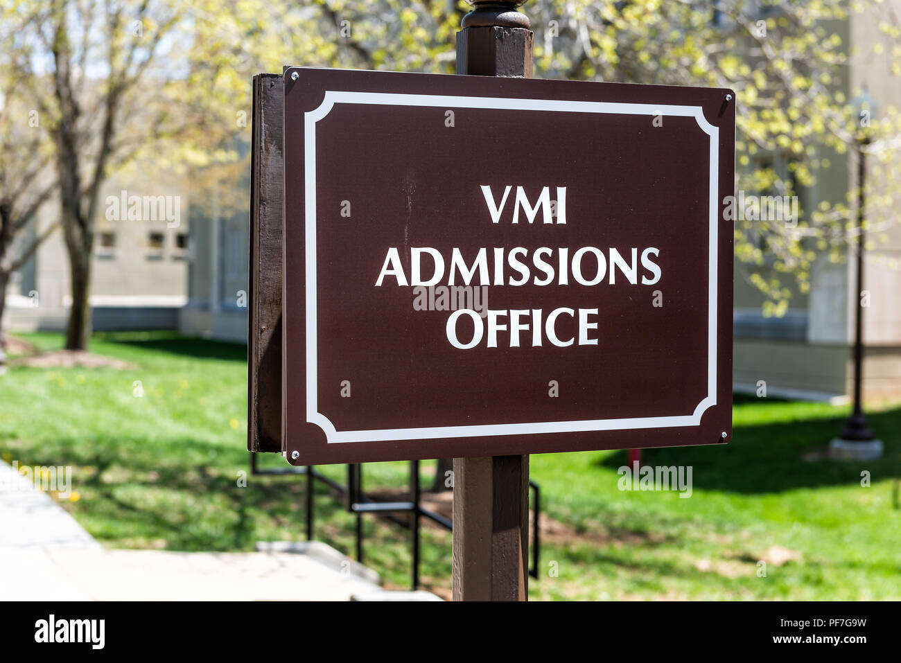 Lexington, USA - April 18, 2018: VMI Virginia Military Institute admissions office sign in Virginia closeup university campus, nobody Stock Photo