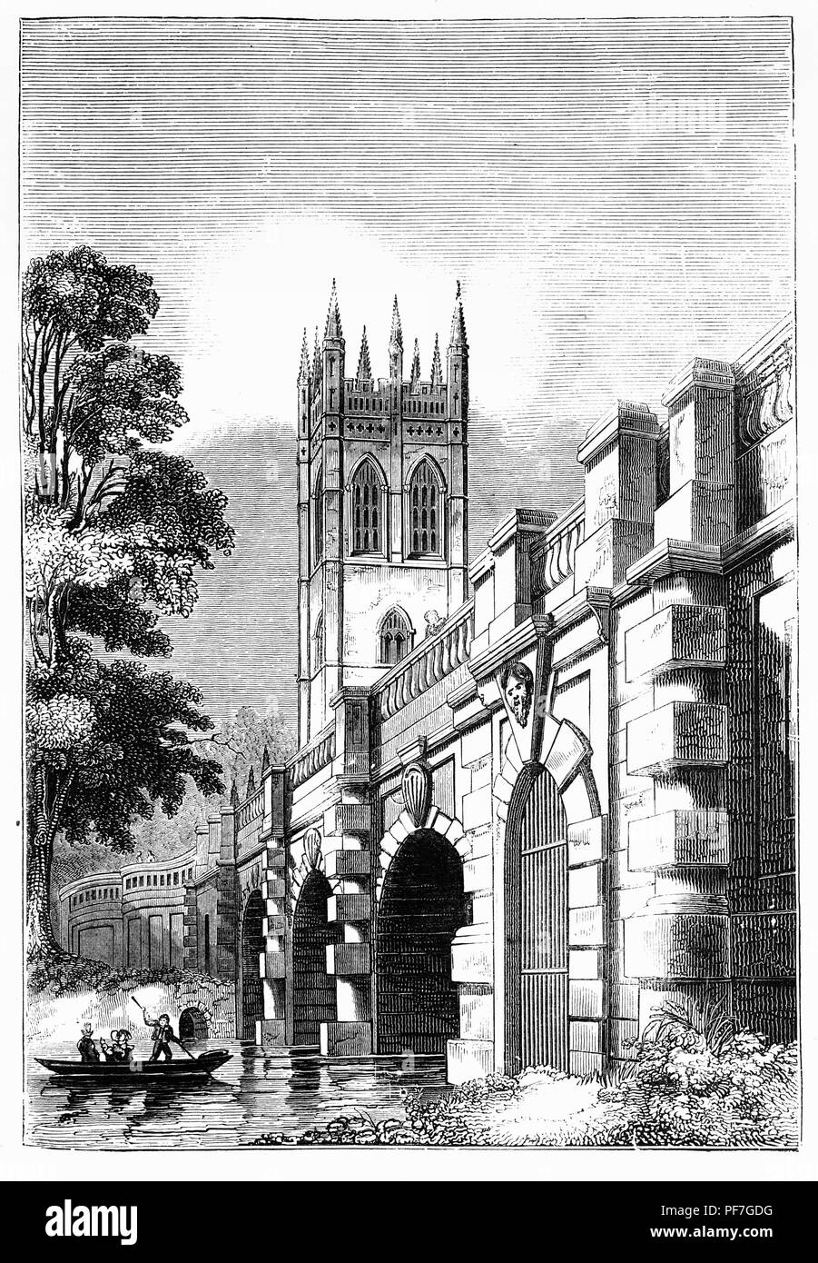 Magdalen (bell) Tower, completed in 1509, is one of the oldest parts of Magdalen College, Oxford, situated inHigh Street. When it was completed by 1509, and it was  the tallest building in Oxford dominating the eastern entrance to the city. It towers over Magdalen Bridge  that spans the River Cherwell. In the 16th century a  medieval wooden bridge was replaced by one of stone, but by the 1770s it was too narrow. When some of the arches of the western side collapsed during the floods of February 1772, the present stone bridge replaced it. Stock Photo