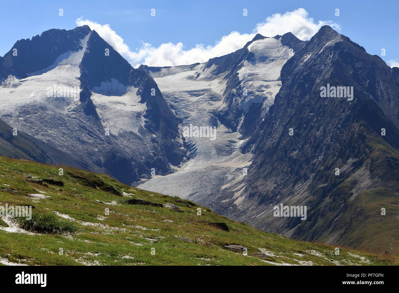 Sunlit alpine glaciers near Obergurgl, Oetztal in Tyrol, Austria. Stock Photo