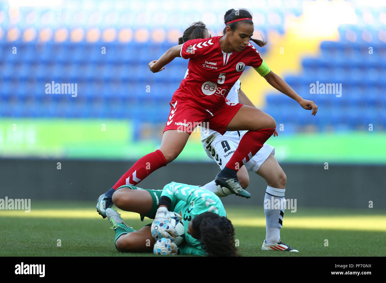 AUGUST 13, 2018 - KHARKIV, UKRAINE: Captain Teodora Meluta in action while Selena Delia Babb makes a save. UEFA Women's Champions League. WFC Kharkiv  Stock Photo