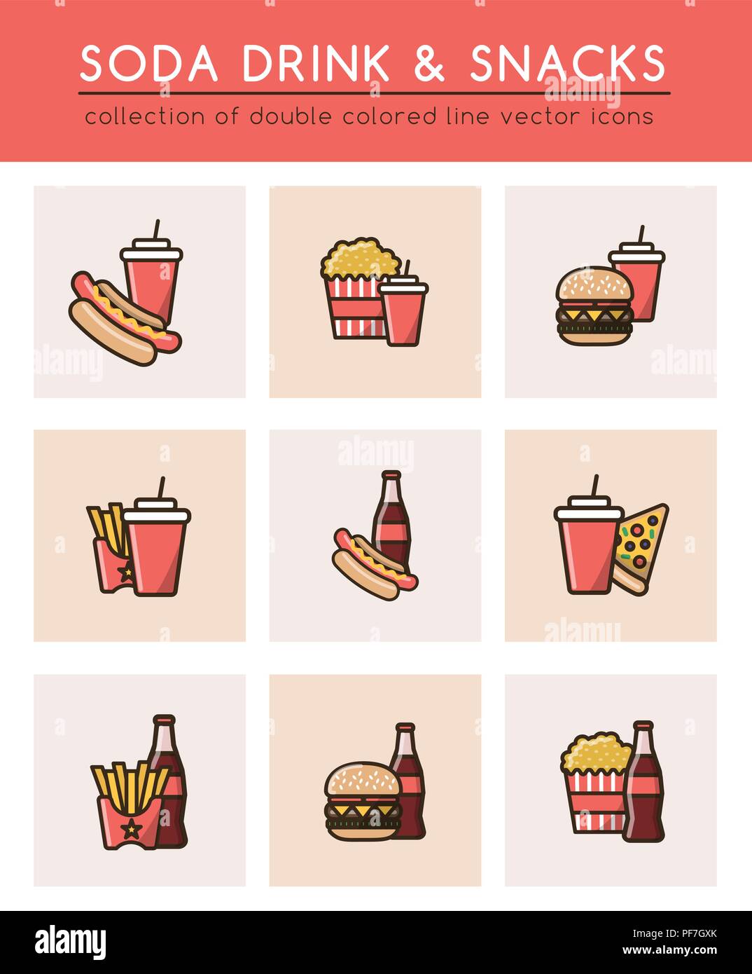 Soft Soda Drink And Different Fast Food For A Quick Snack Collection Of 9 Colorful Double Icons Of Takeaway Food And Drinks Isolated Bright Pictogr Stock Vector Image Art Alamy