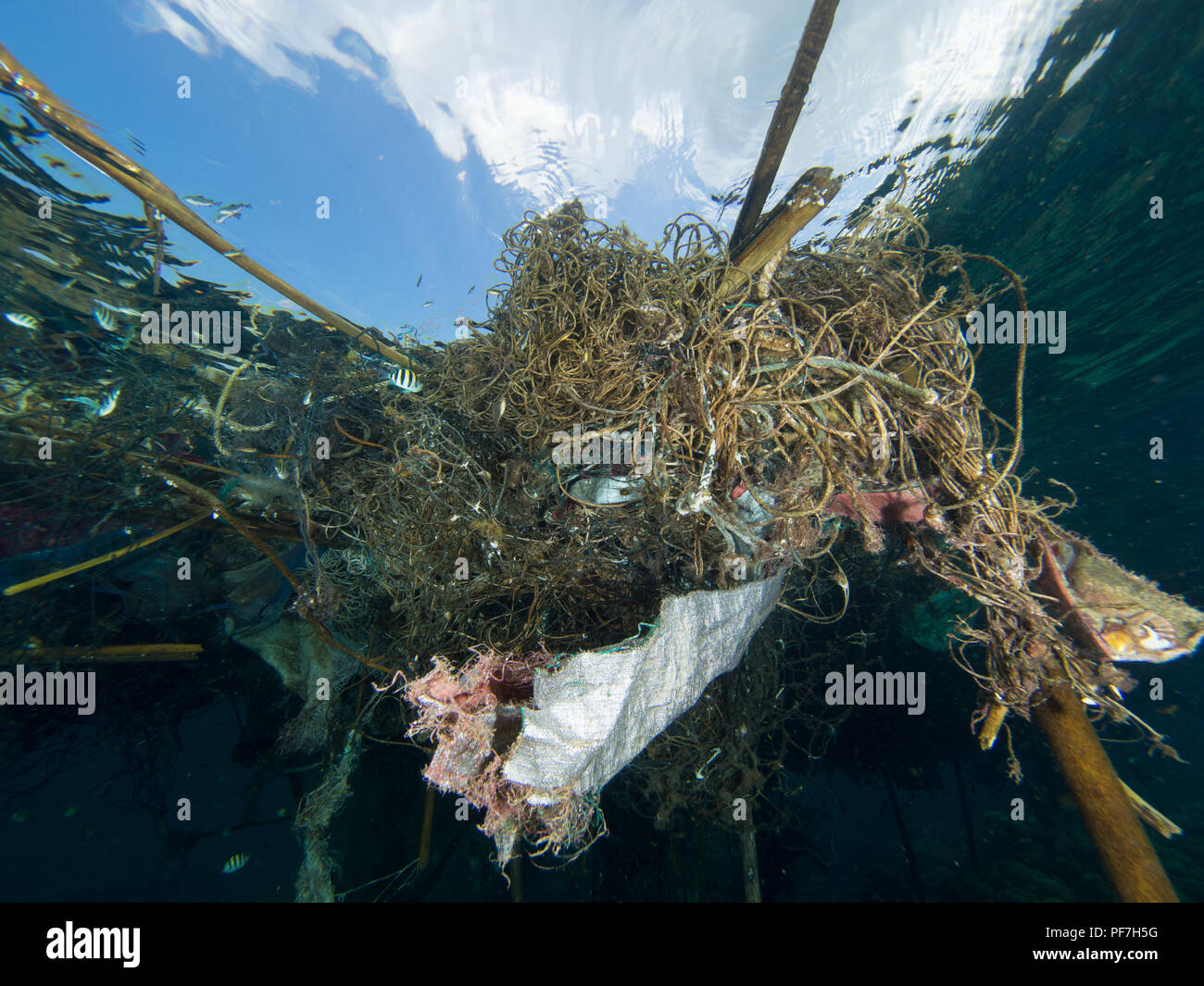Ocean Pollution Ropes Big patch of ropes and garbage floating on the surface of the sea, shot ...