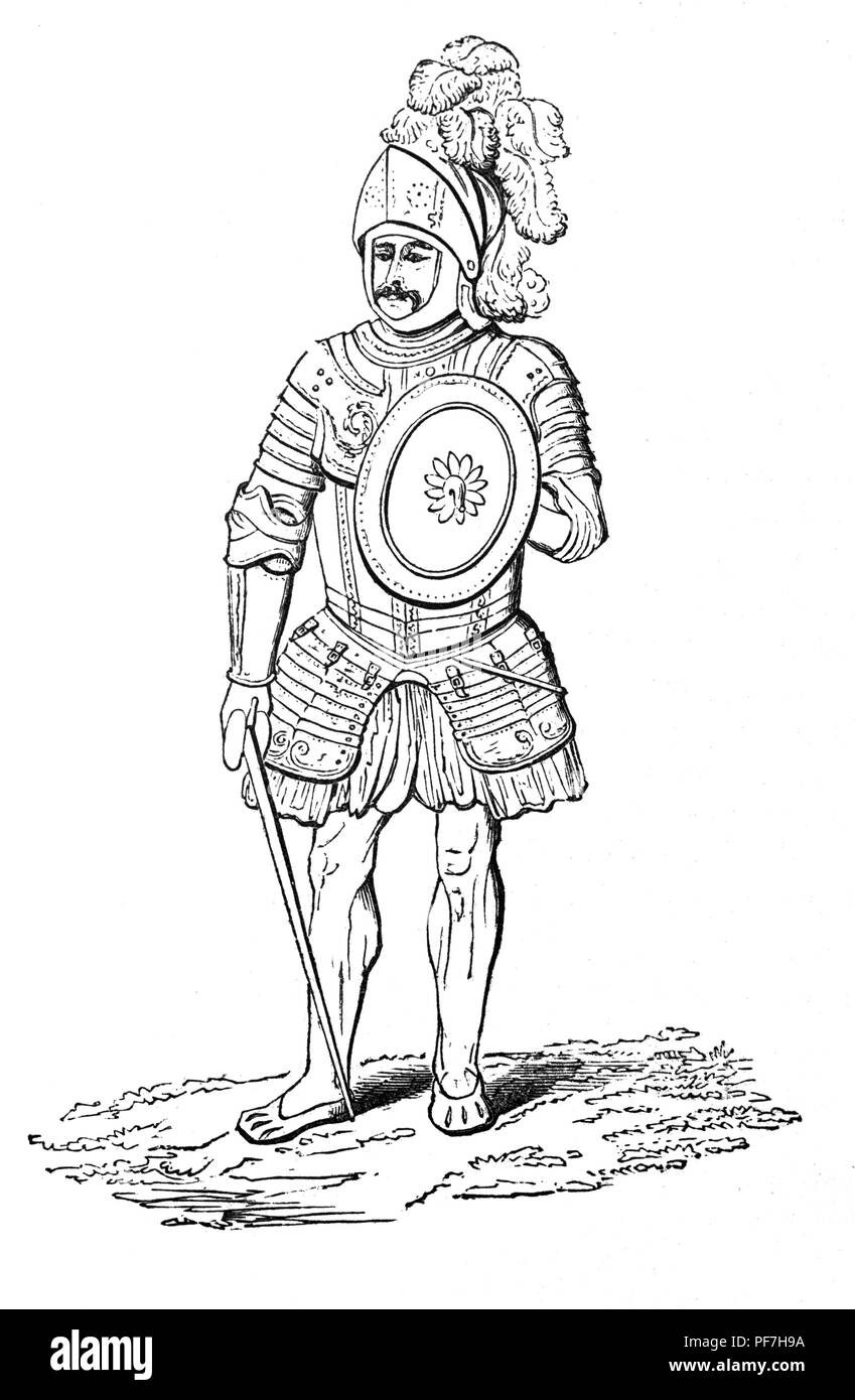 Armour during the reign of Henry VII is notable for its increasing decoration. A suit of long breasted cap-a-pie, a term which has been used in English since at least the 16th century and descends from the Middle French phrase de cap a pé, meaning 'from head to foot.' Stock Photo