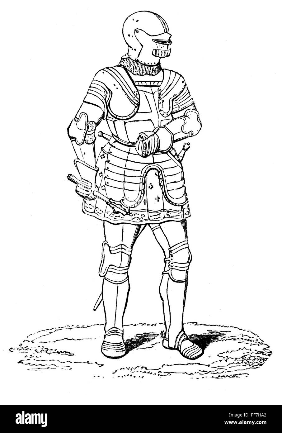 Armour during the reign of Henry VII is notable for its increasing decoration. A suit of  black armour of a Knight of St George.  Cap-a-pie, a term which has been used in English since at least the 16th century and descends from the Middle French phrase de cap a pé, meaning 'from head to foot.' Stock Photo