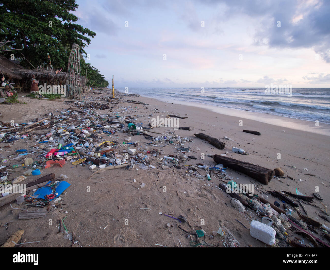 Marine debris washed up on a beach in Thailand Stock Photo