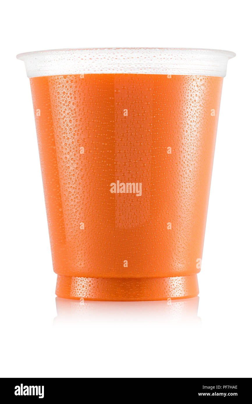 Carrot juice in plastic cup isolated on white background Stock Photo