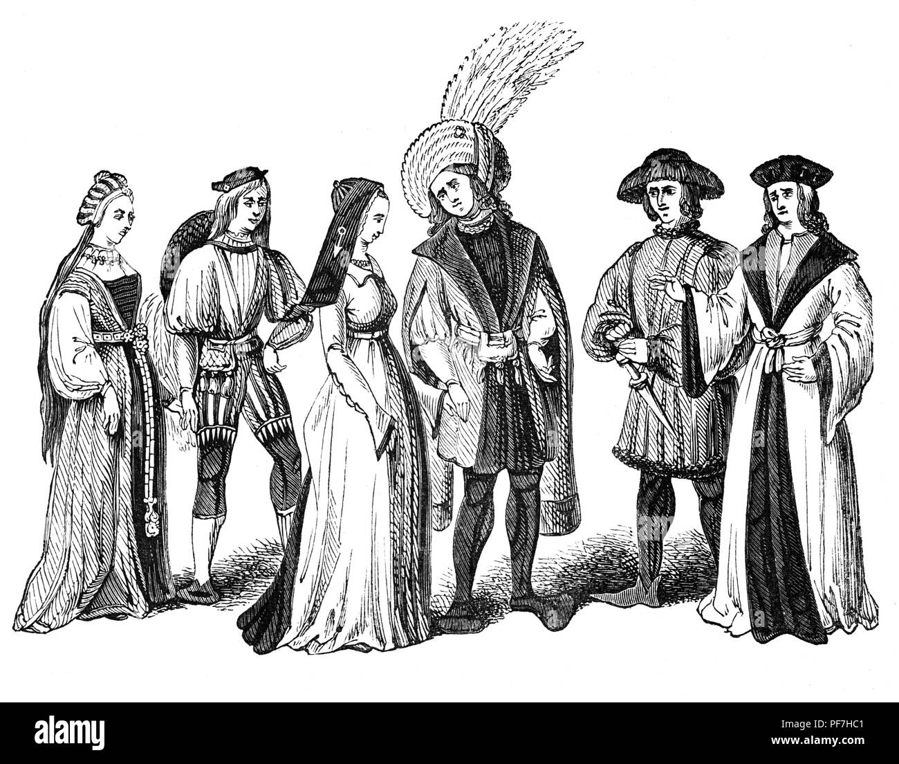 Fashions for men and women during the reign of Henry VII. He used dress to bolster his claim to the throne and project a status in the days after the Battle of Bosworth. Tudor clothing continued to evolve as fashions and trends changed. Tudor gowns were designed to give women a triangular shape, while men’s clothes gave them an almost square shape. At court, women’s gowns usually consisted of a smock, petticoat, kirtle, and a partlet. Men, meanwhile, wore a shirt, jerkin, doublet, overgown, and a hose. Men also usually wore caps, adorned with various jewels and feathers. Stock Photo