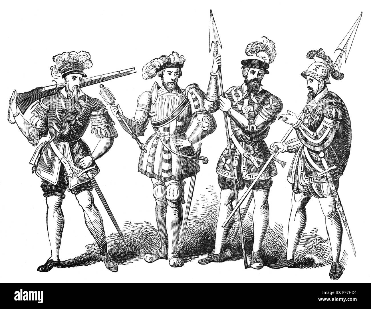 Military Costume at the time of Henry VIII,  followed the lines of civilian dress of the period. Even the standing force, the small Sovereign's Bodyguard of the Yeoman of the Guard (who served both on foot with bow and halberd, and mounted with javelin) seem to have confined uniformity to jackets and caps. They wore red jackets, guarded in black, with rose and crown in gold, and red or black cap with white plumes, but breeches and hose could be of various colors. Stock Photo