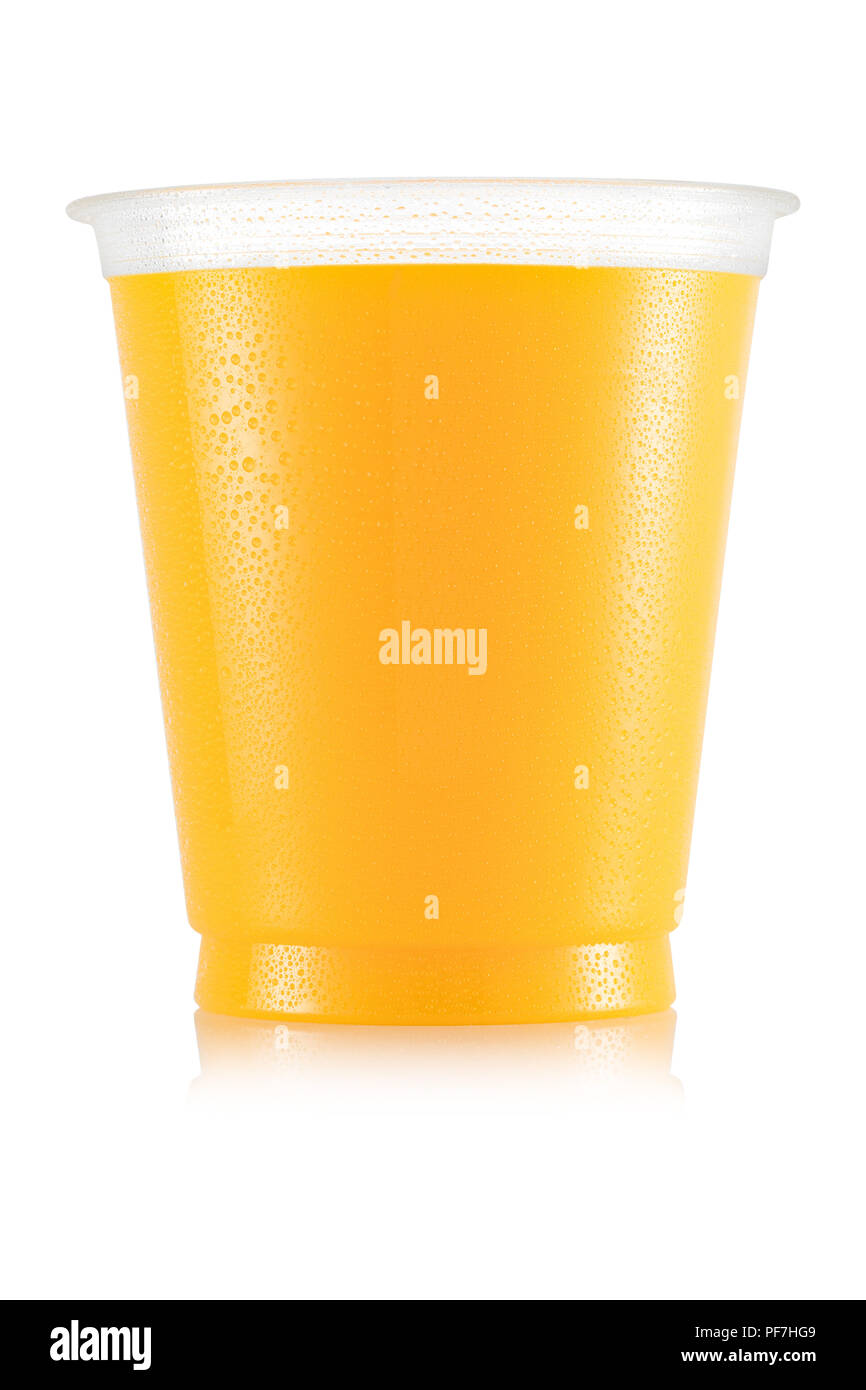 Orange juice in plastic cup isolated on white background Stock Photo
