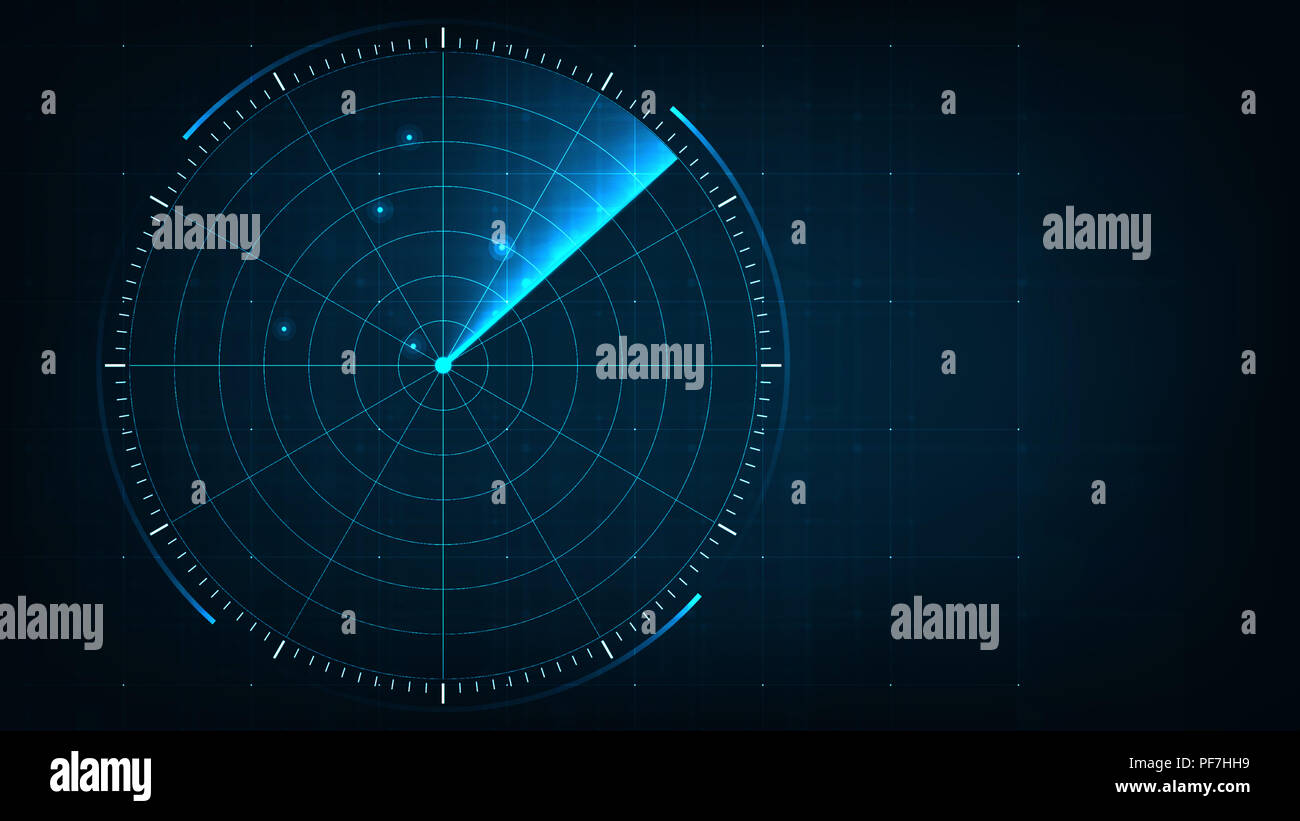 Digital blue realistic radar with targets on monitor in searching. Air ...