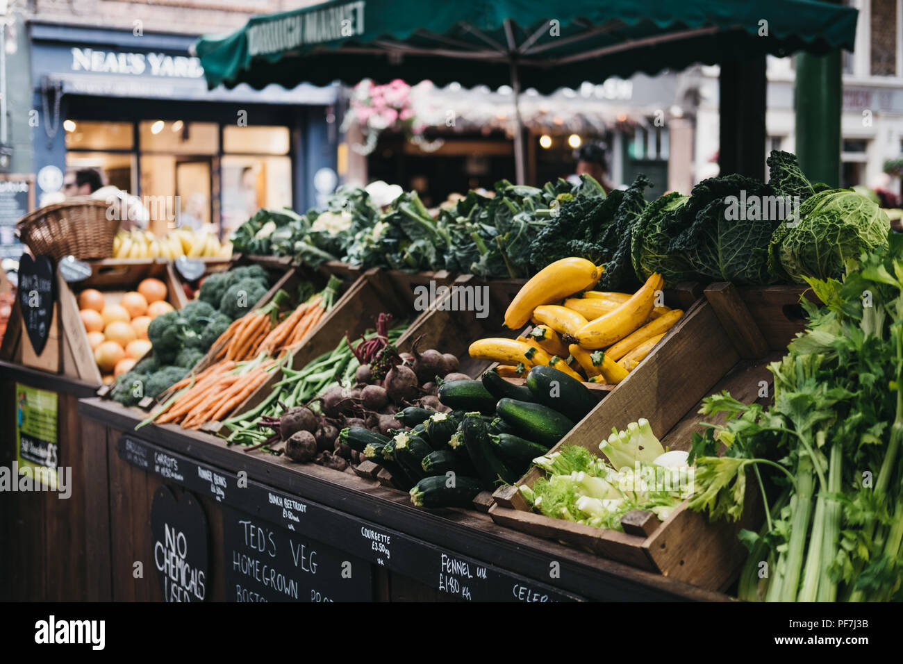 London, UK July 24, 2018 Fresh vegetables on sale at Ted's Veg stall