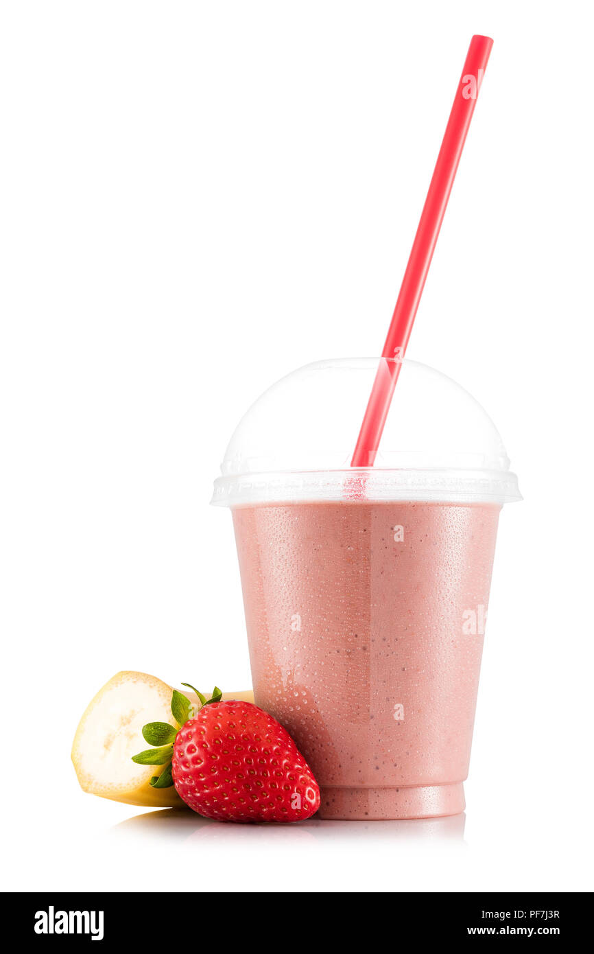 Strawberry milkshake in plastic takeaway cup isolated on white