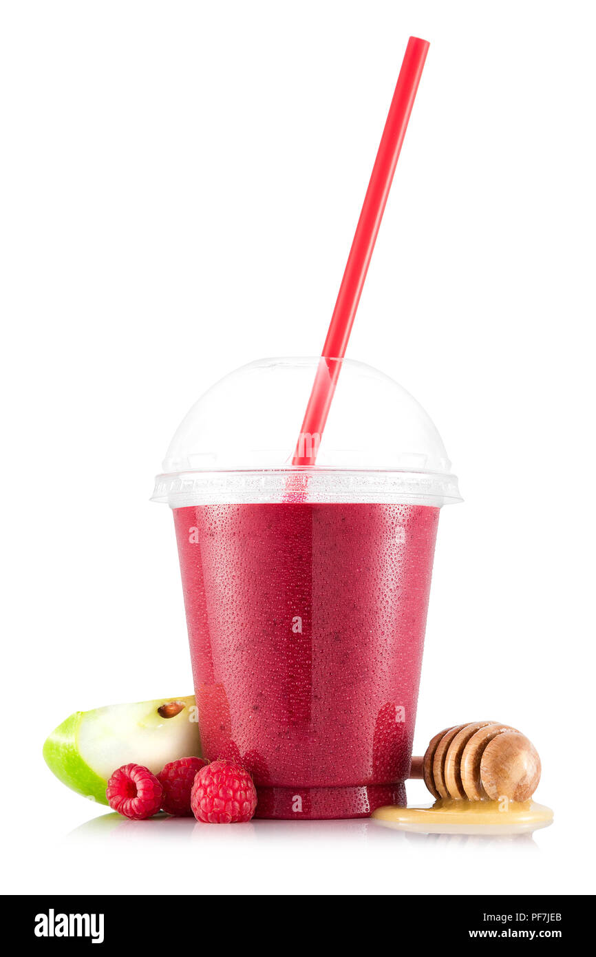 Raspberry And Apple Smoothie In Plastic Cup With Fruit Isolated On White Background Stock Photo Alamy