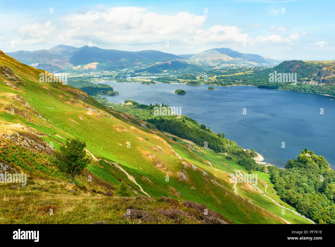 Derwent Water Skiddaw and Blencathra from the slopes of Maiden Moor in the Lake District Stock Photo