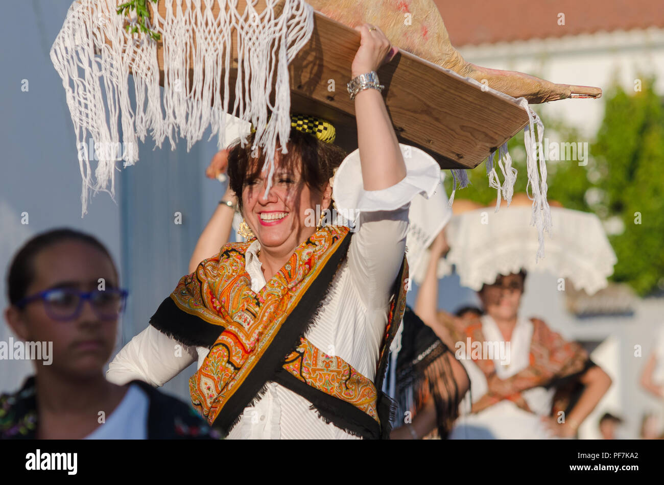 Santiago de Alcantara, SPAIN - 18 AUGUST 2018:Once a year the traditional festival 'La Frenda' is celebrated in the town of Santiago de Alcantara, Cac Stock Photo
