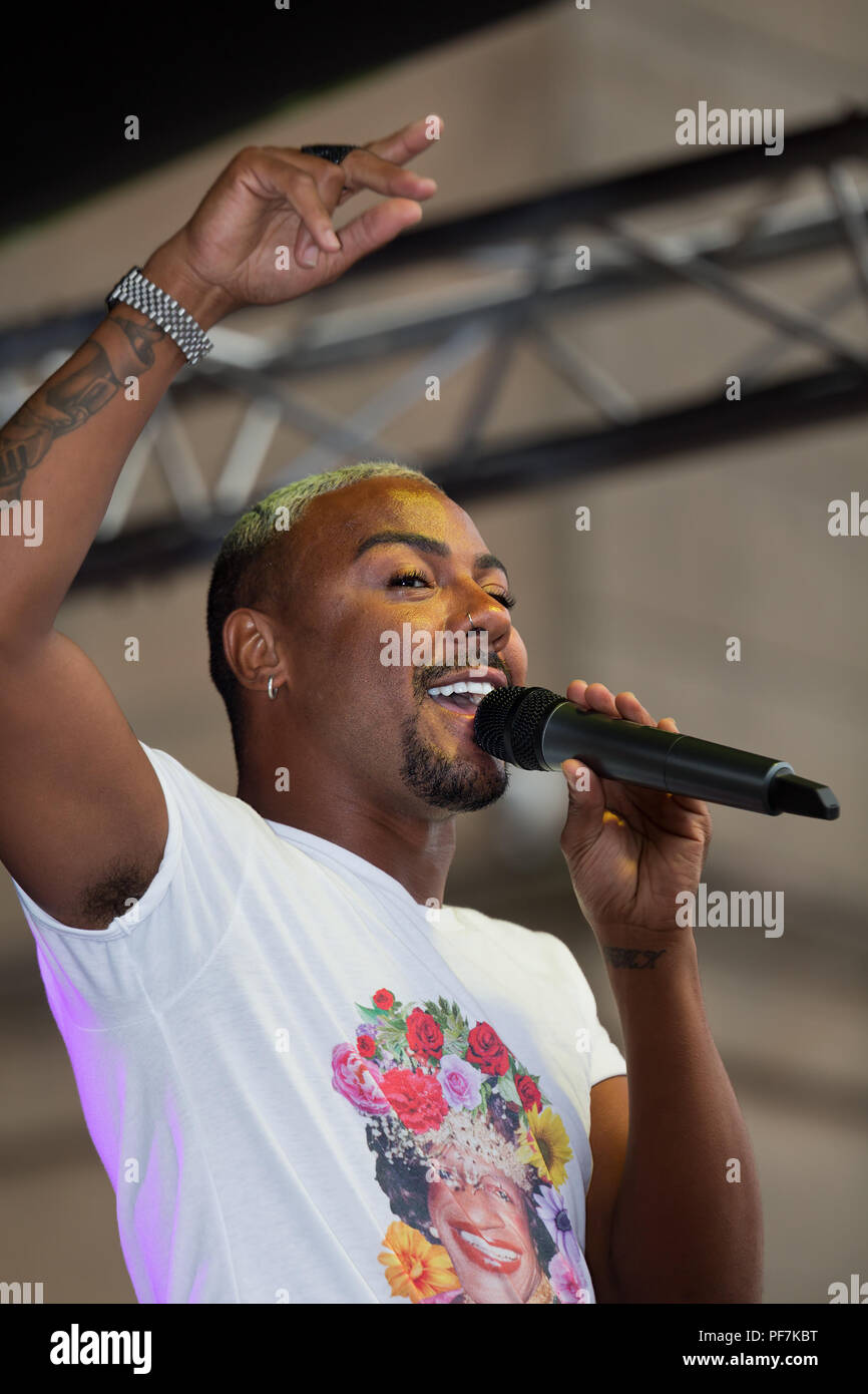 Marcus Collins performing on stage at the 2018 Chester Pride Festival. Stock Photo