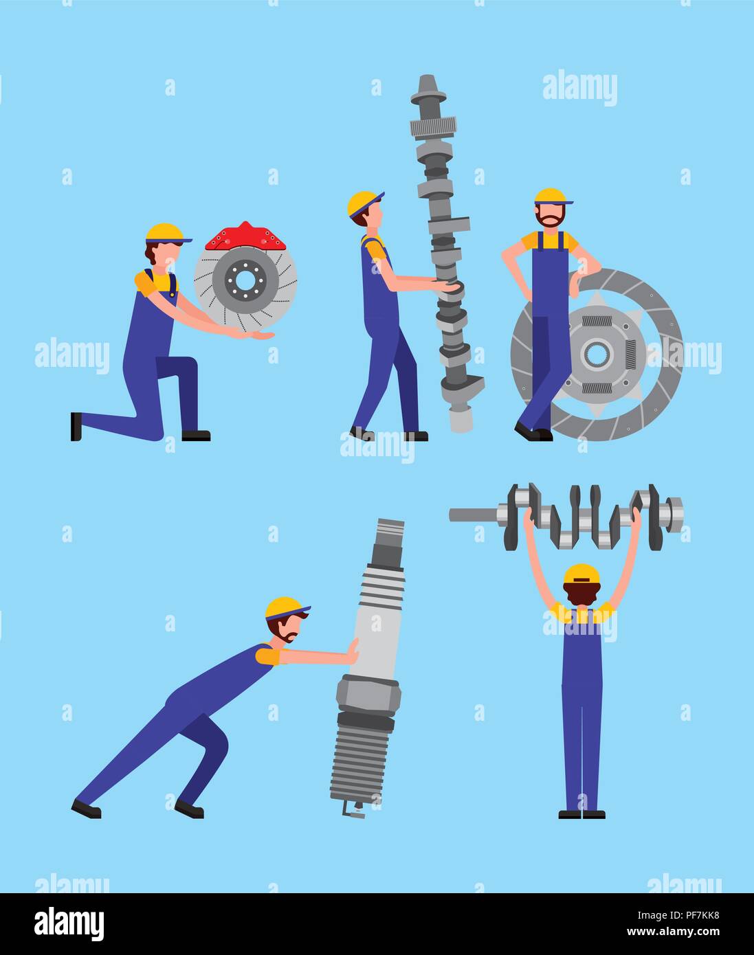 automotive industry workers with differents spare parts car Stock