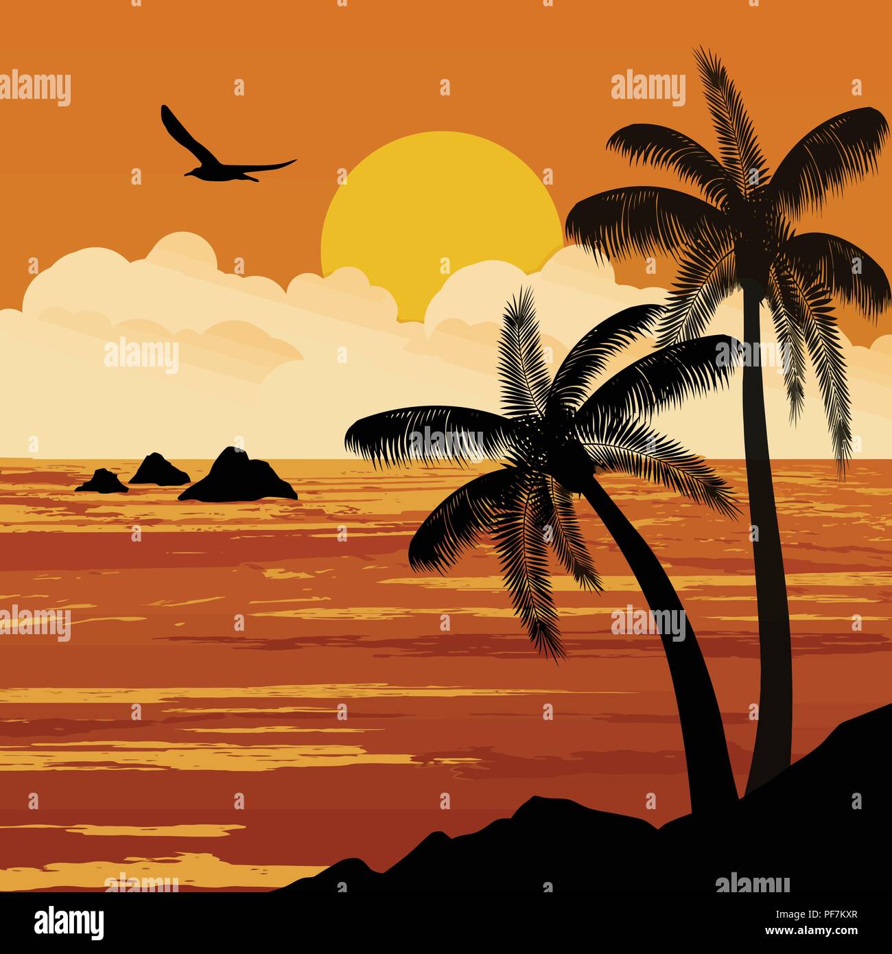 Beautiful tropical sunset with palm trees, vector illustration Stock ...