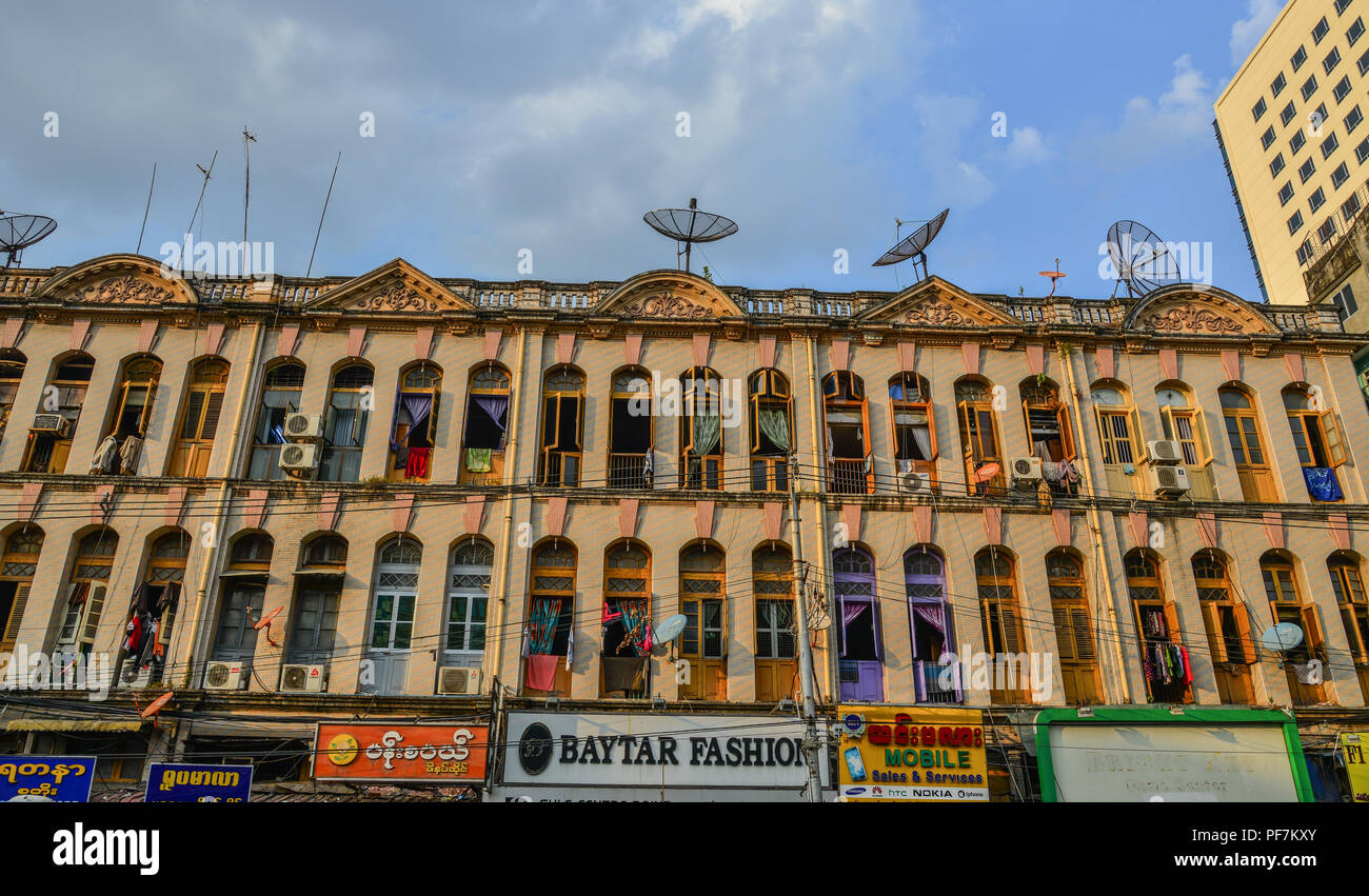 Yangon, Myanmar Feb 1, 2017. Old apartments in Yangon, Myanmar