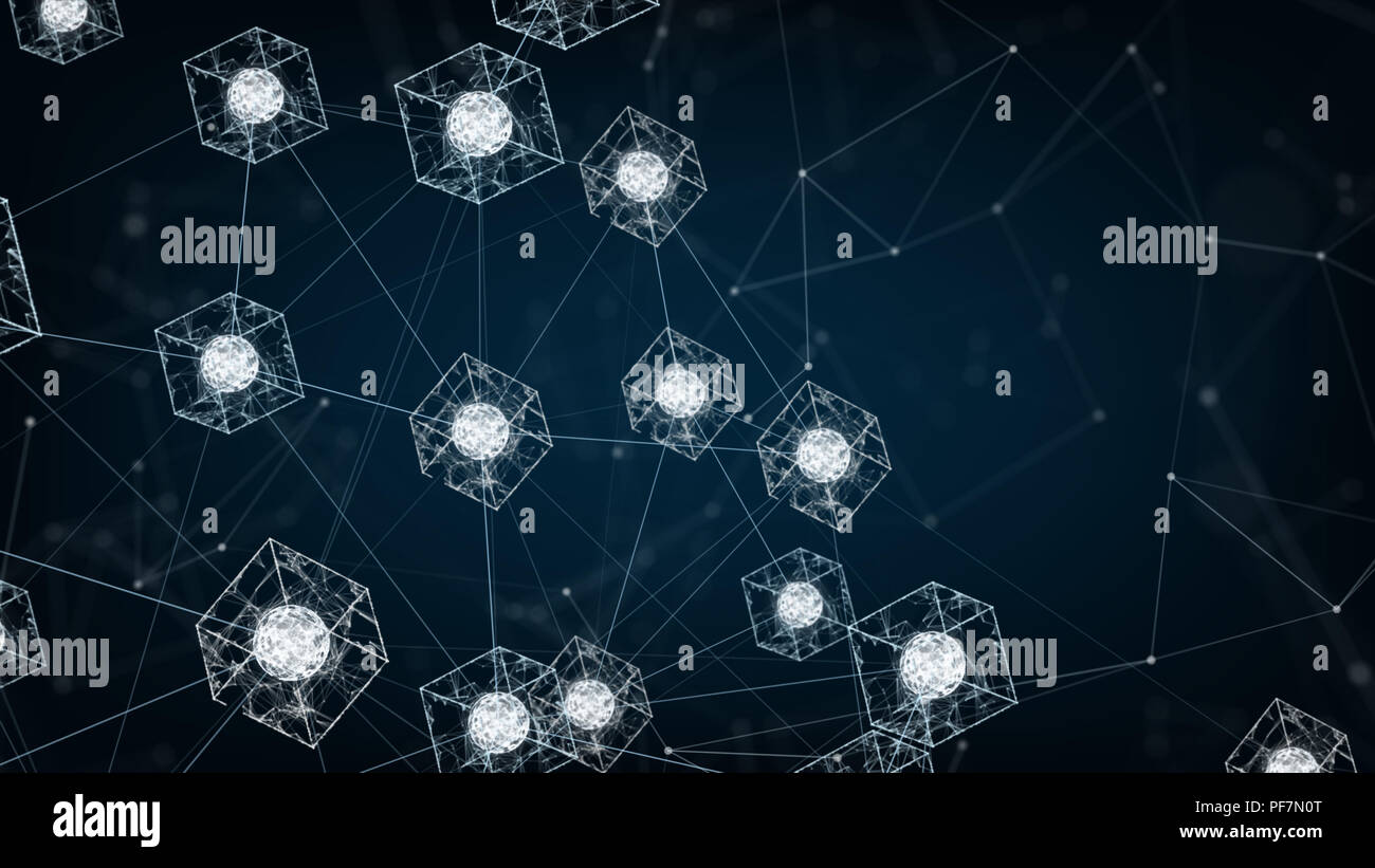 Blockchain network concept.Isometric digital blocks square code big data connection with Distributed ledger technology , Cryptocurrency finance bitcoi Stock Photo