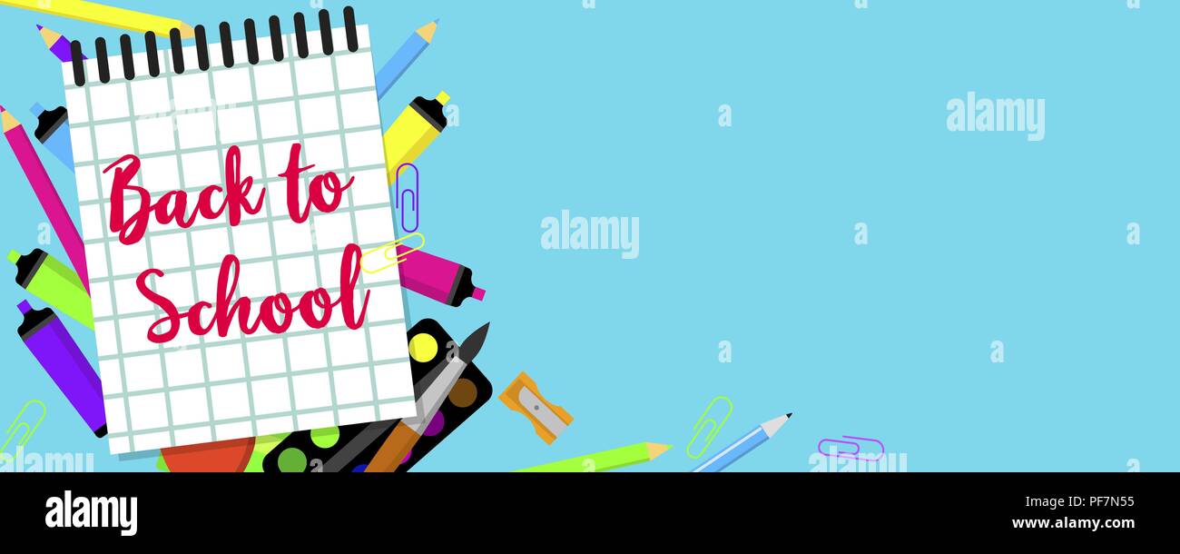 Back to school blue banner horizontal, flat style Stock Vector Image ...