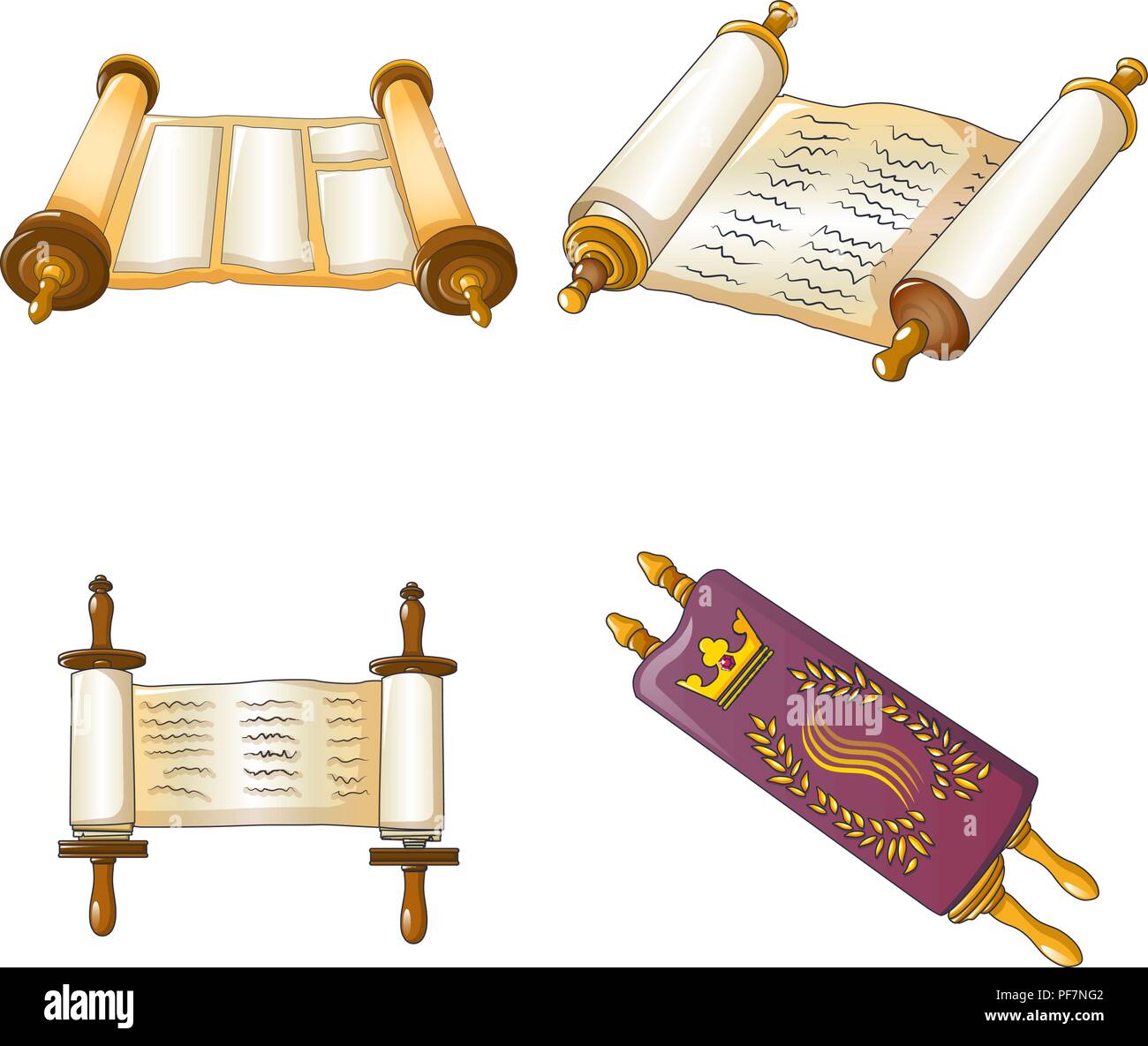 Torah scroll bible icons set, cartoon style Stock Vector