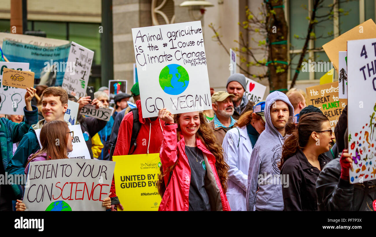 Portland Oregon April 14 2018 People With Signs At Portland