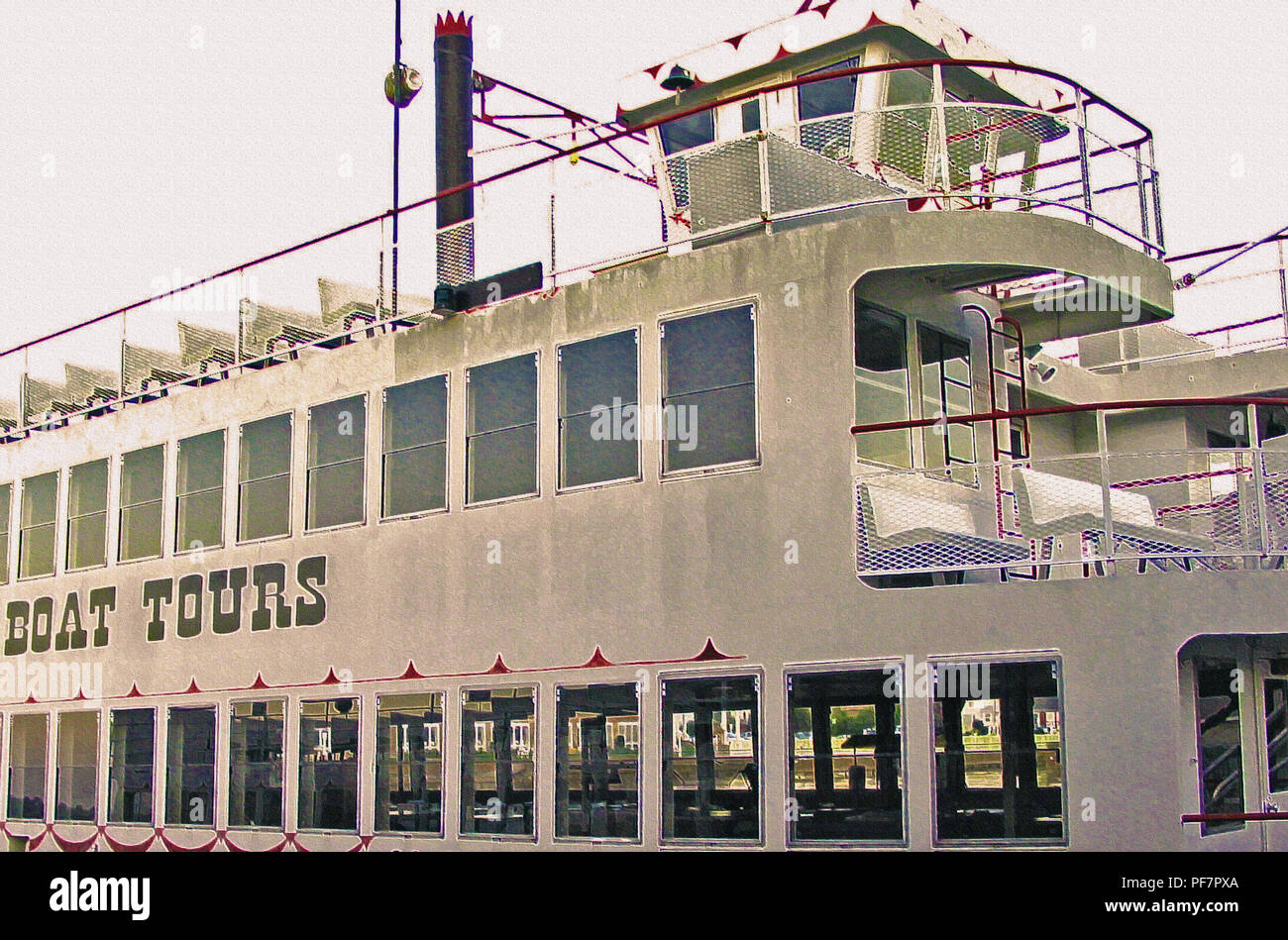 A close up fill the frame view - A Close Up Fill The Frame View Of A Touring Boat Or Ferry In Upper State New York Usa At Alexandria Bay A Sepia Textured Digital Artwork Of A P PF7PXA