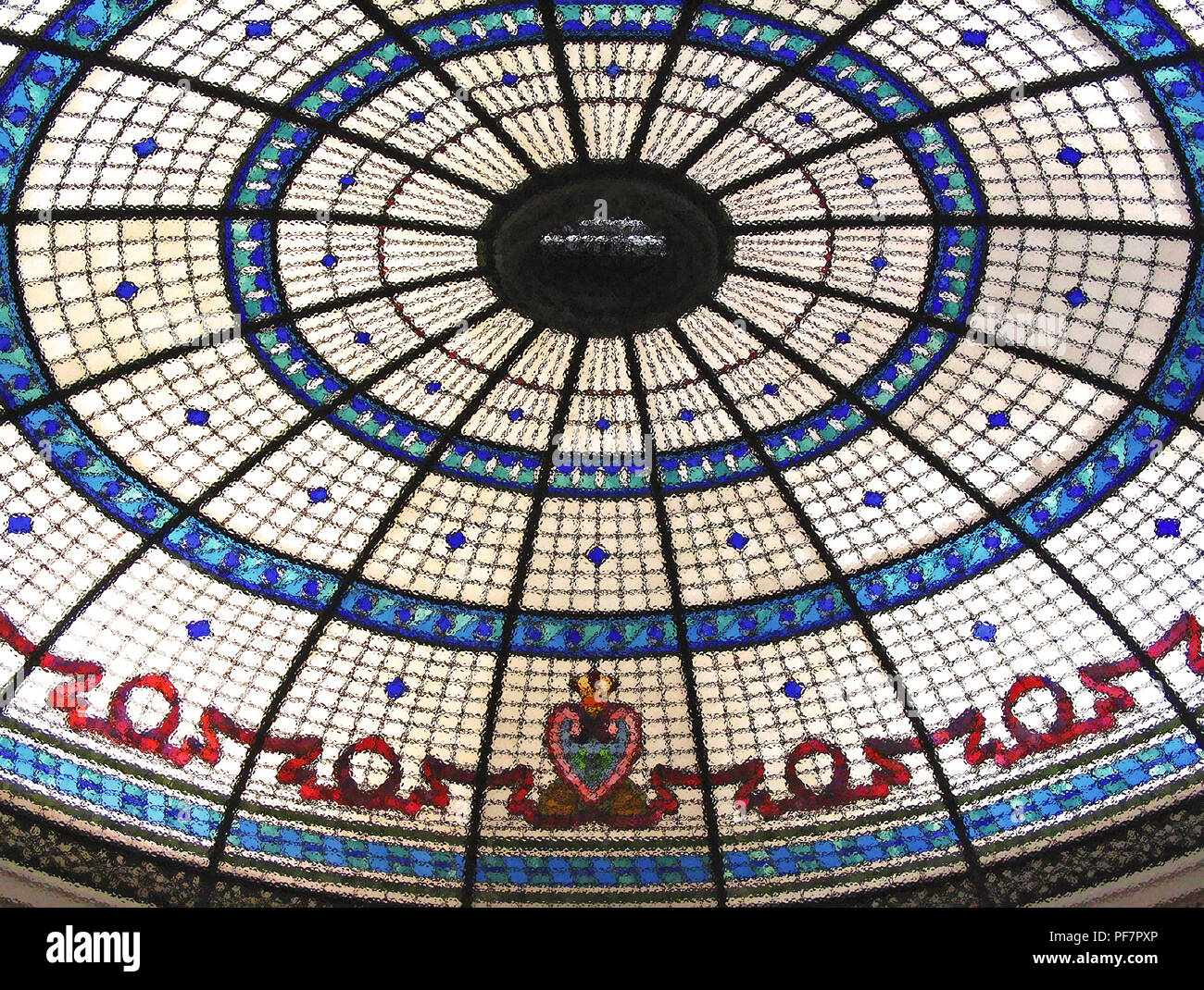 A beautiful stained glass, domed ceiling, inside the historic Boldt