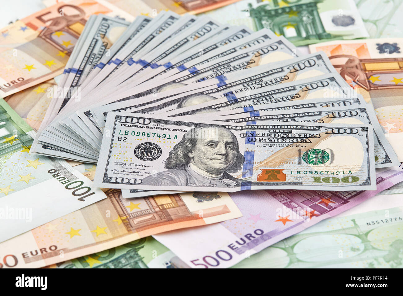 A lot of euro and american dollars banknotes. Background. Stock Photo