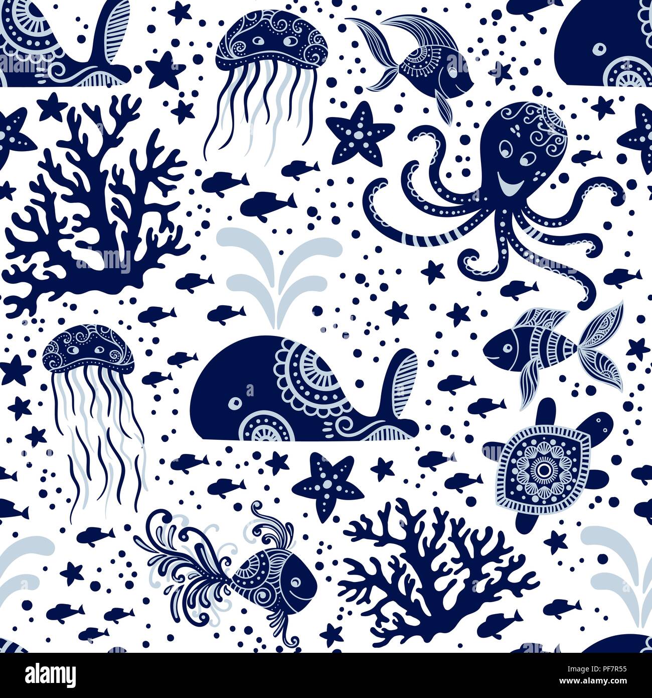 Seamless pattern with sea underwater animals. Cute cartoon jellyfish, octopus, starfish and turtles. Marine background for kids. Perfect for textile print, cloth design and fabric Stock Vector