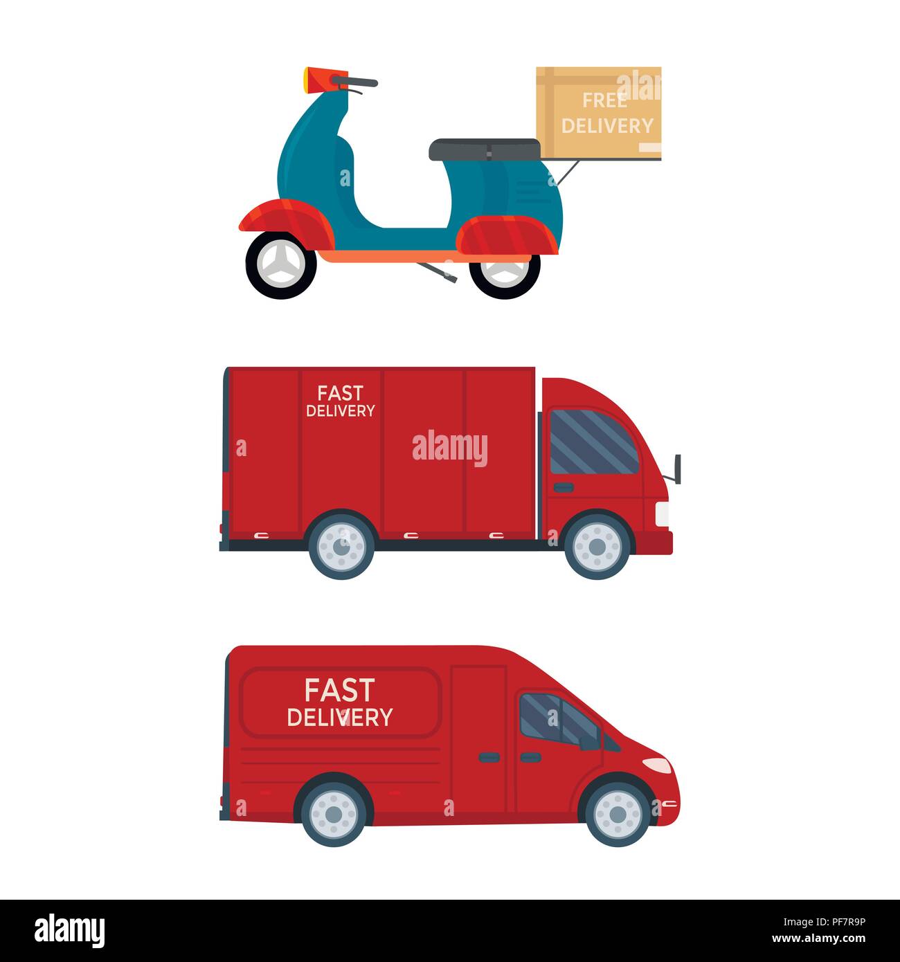 Logistics and delivery icon service isolated on white background: truck, lorry, van, scooter motorcycle bike. Postal service creative design. Vector f Stock Vector
