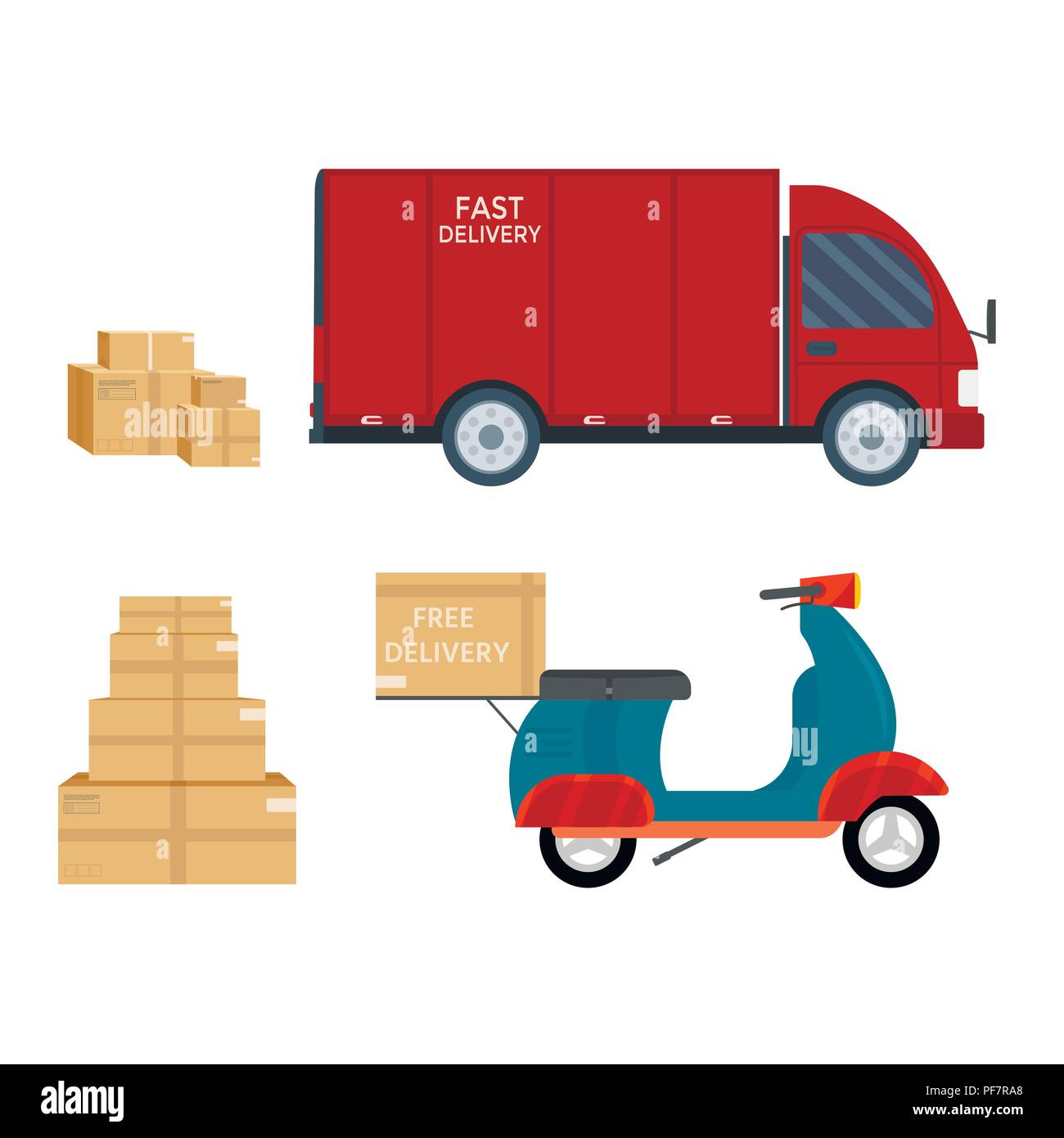Logistics and delivery icon service isolated on white background: truck with packages , lorry, van, scooter motorcycle bike and parcel. Postal service Stock Vector