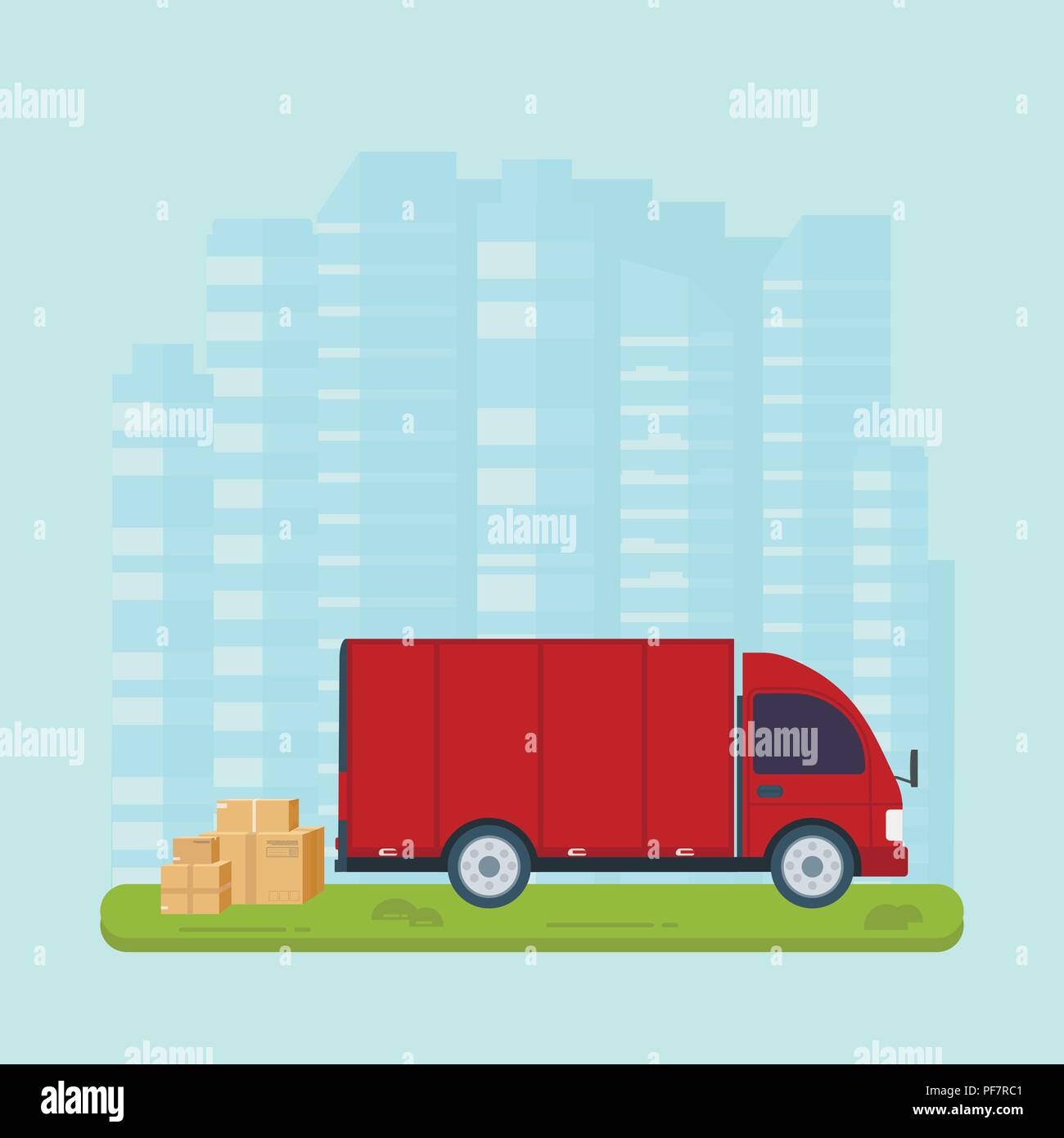 Logistics and delivery service concept: truck, lorry, van with package and city background. Postal service creative banner design. Vector flat illustr Stock Vector