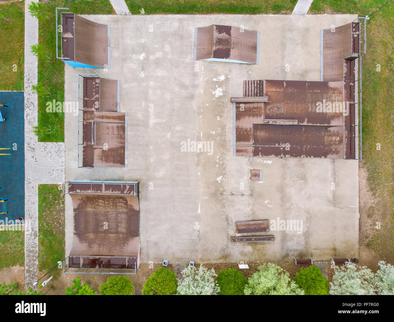 outdoor skatepark with various ramps. urban sports ground. aerial top view Stock Photo