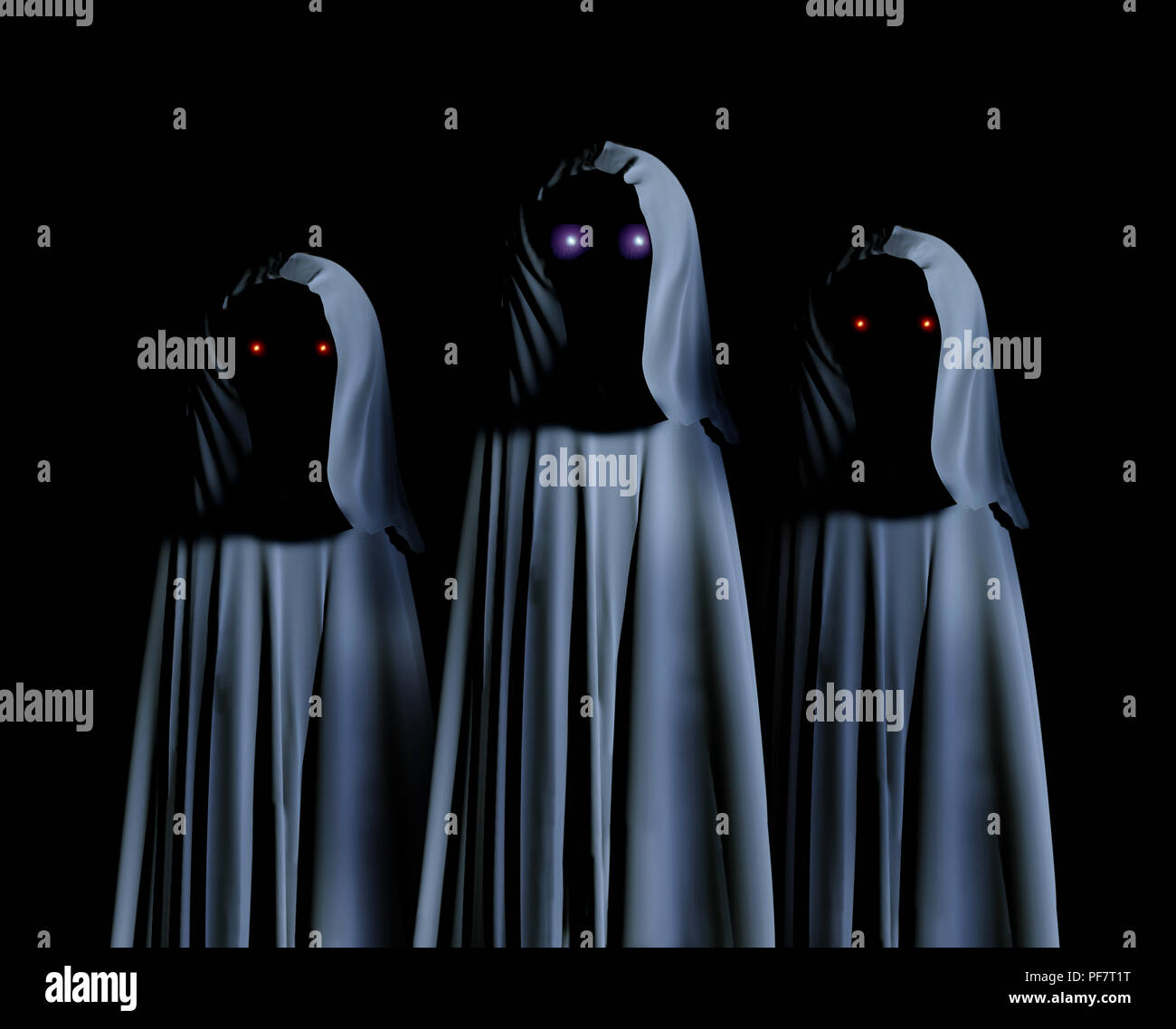 Three spooky monsters in hooded cloaks with glowing eyes. On black background. 3d render Stock Photo