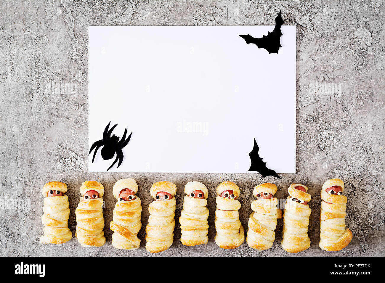 Download Scary Sausage Mummies In Dough With Funny Eyes On Table Mockup Decoration Halloween Food Top View Flat Lay Stock Photo Alamy