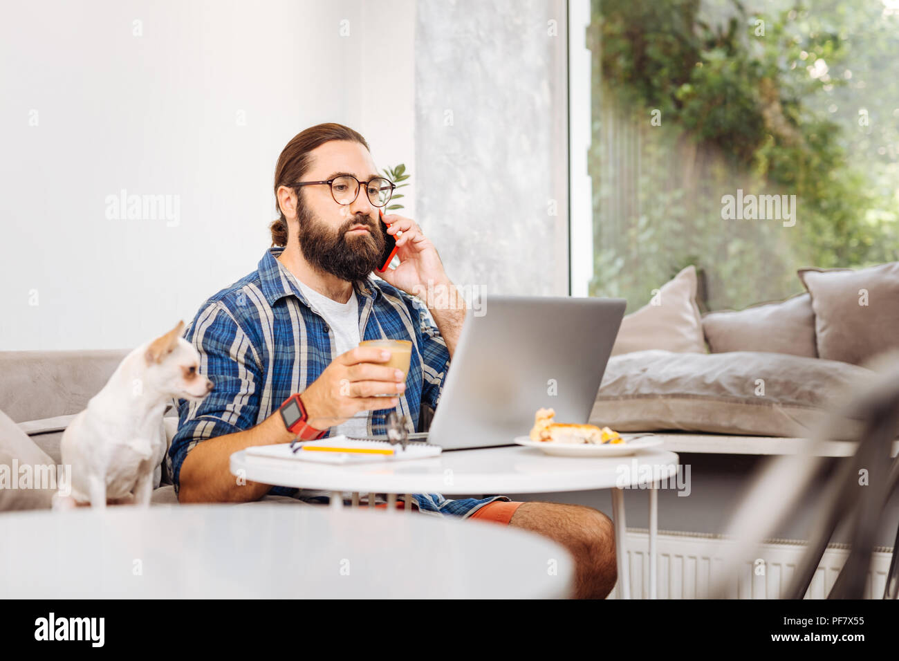 Busy prosperous freelancer drinking some latte working on laptop Stock Photo