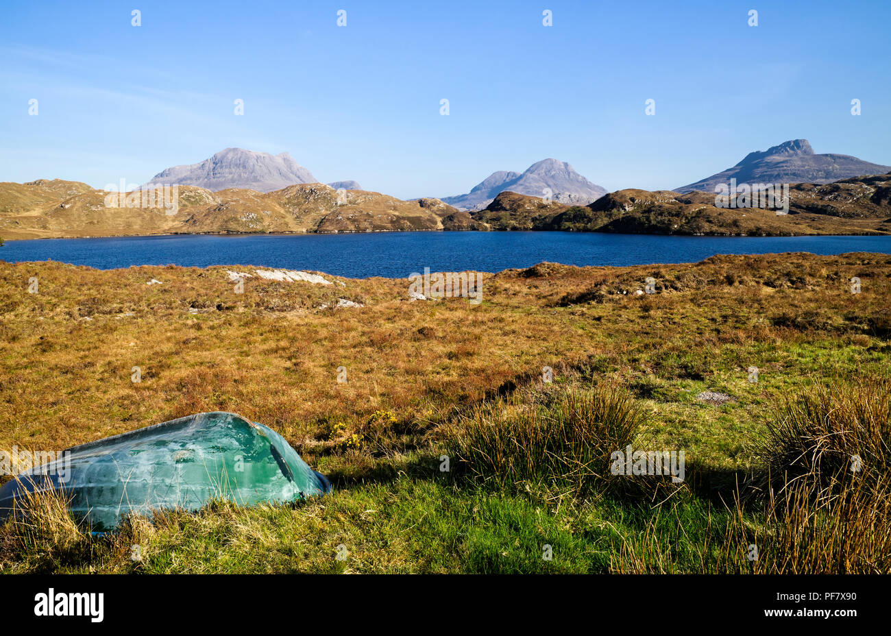 View across Loch Buine Moire to Cul Mor, Cul Beag and Stac Pollaidh, Inverpolly National Nature Reserve, Sutherland, Scottish Highlands, Scotland UK Stock Photo