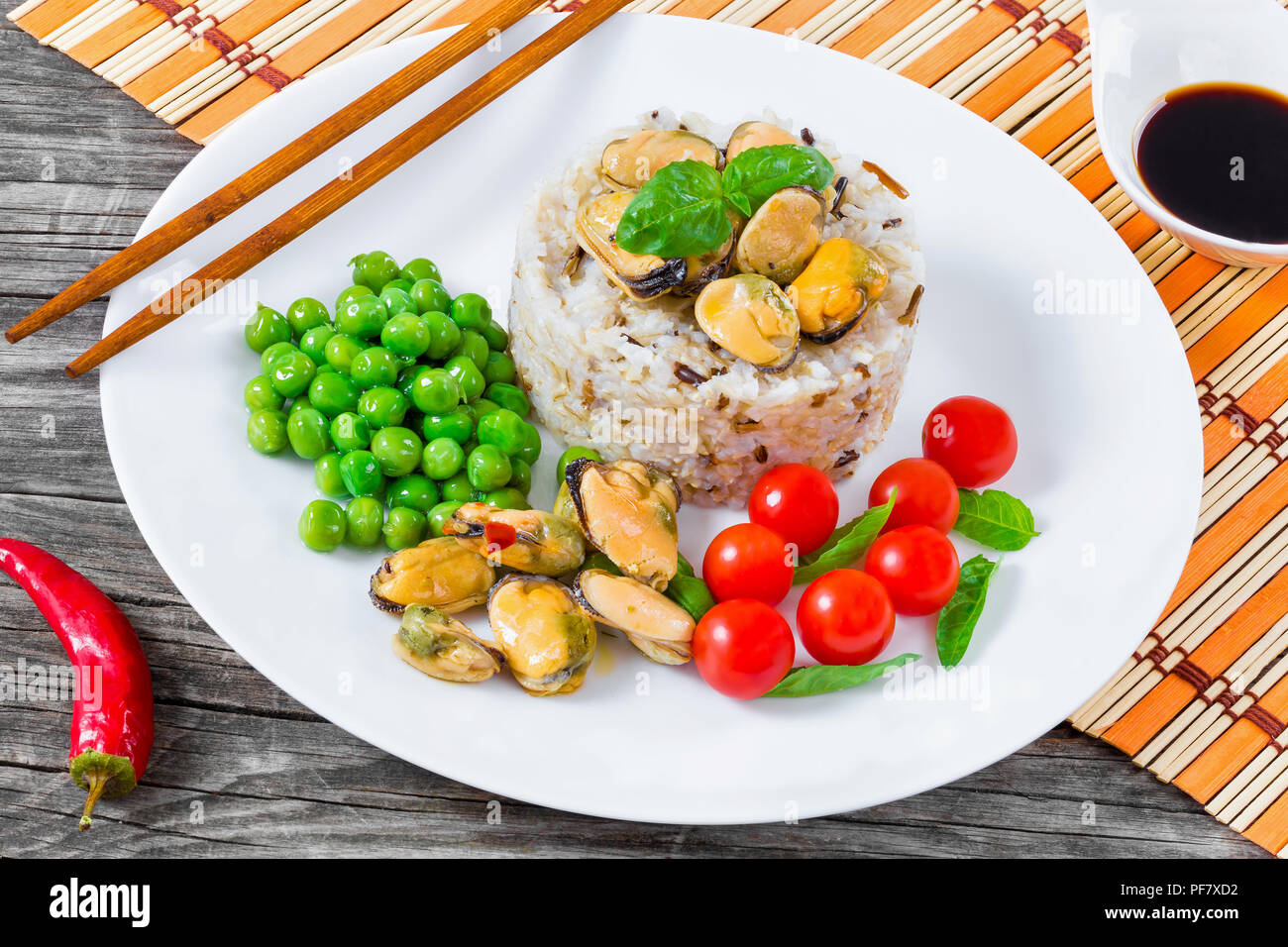 marinated mussels with brown and wild rice, top view, close-up Stock ...
