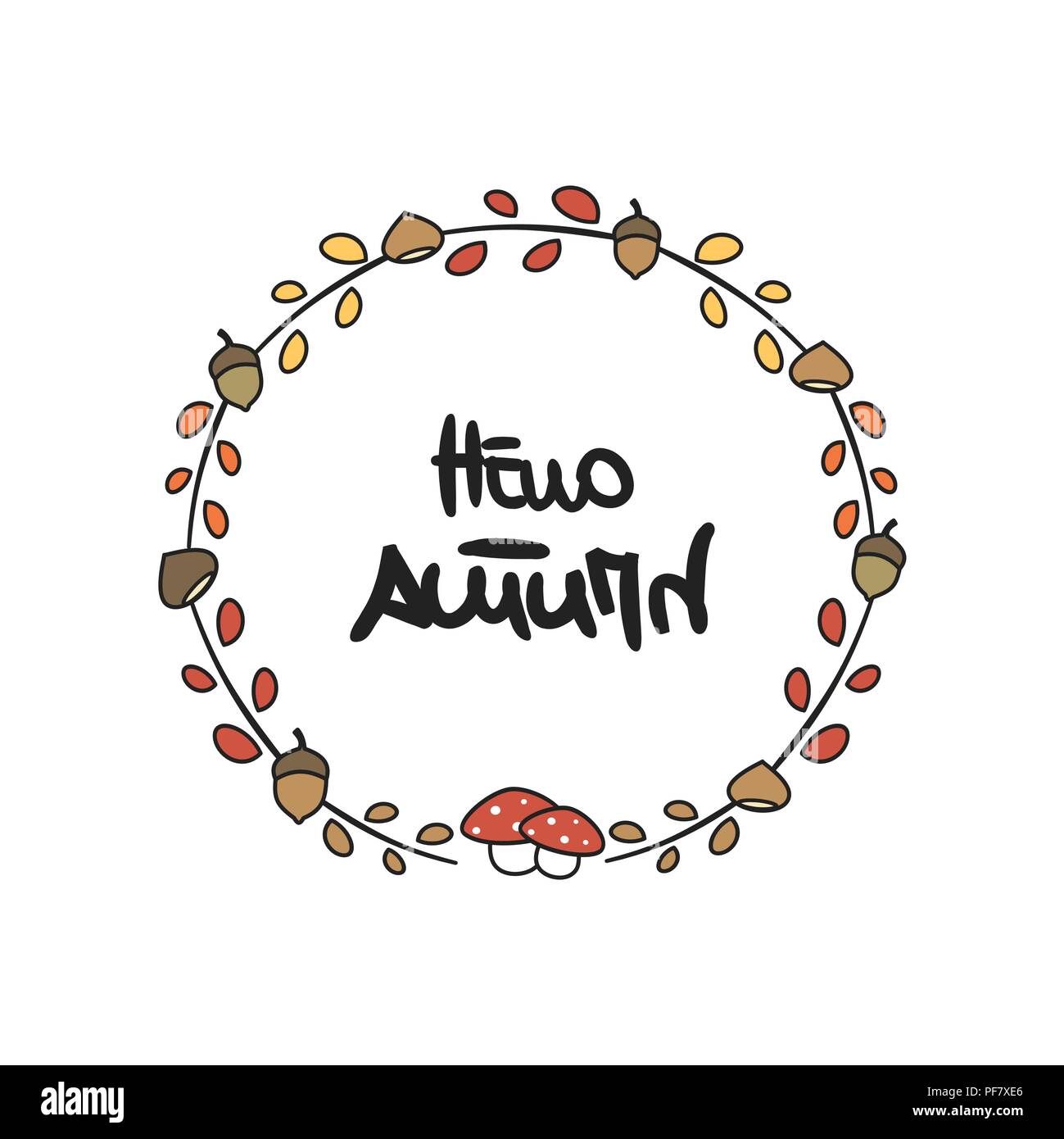 cute cartoon vector illustration with Hello autumn hand drawn lettering ...