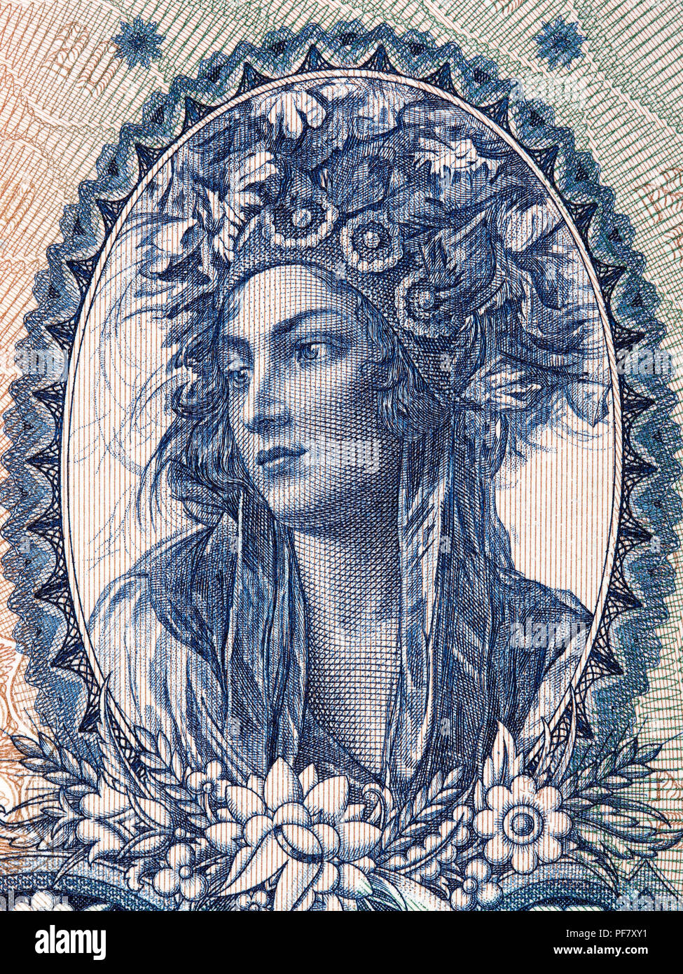 Portrait of a Hungarian lady in a national costume from old Forints Stock Photo