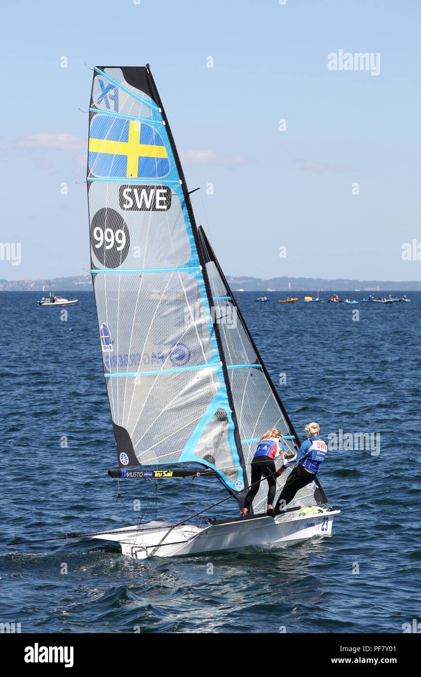Aarhus, Denmark August 9, 2018 Swedish 49er fx sailing ship during