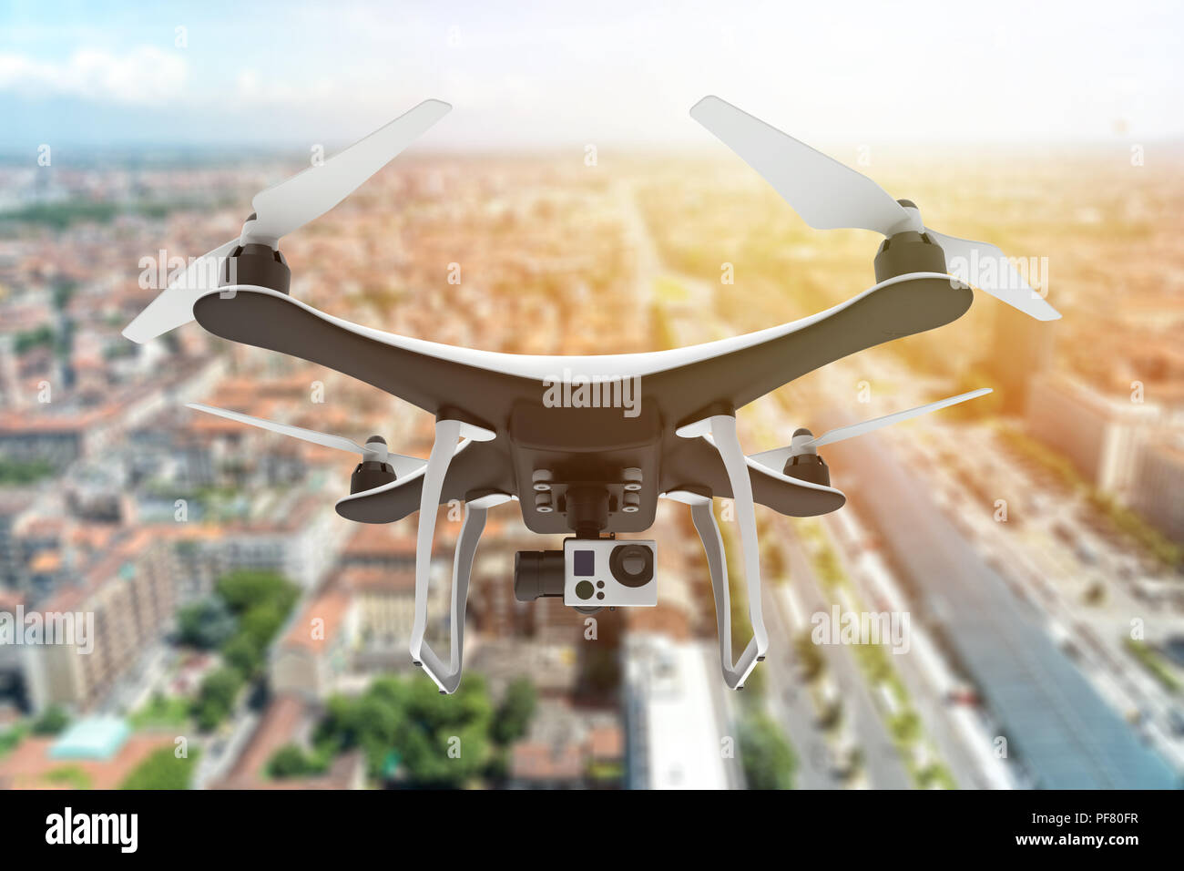 Drone with digital camera flying over a city at sunset: 3d illustration ...